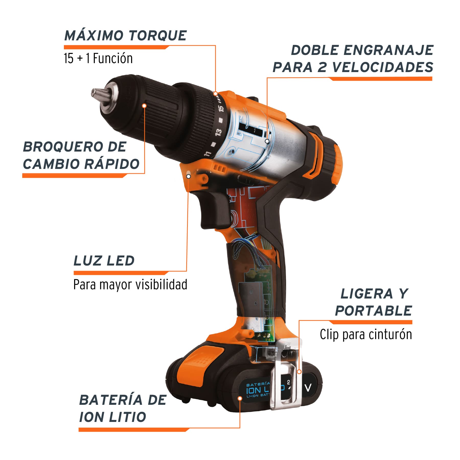 Taladro inalámbrico 3/8', 12 V, Truper TALI-12A2 18153 MM1