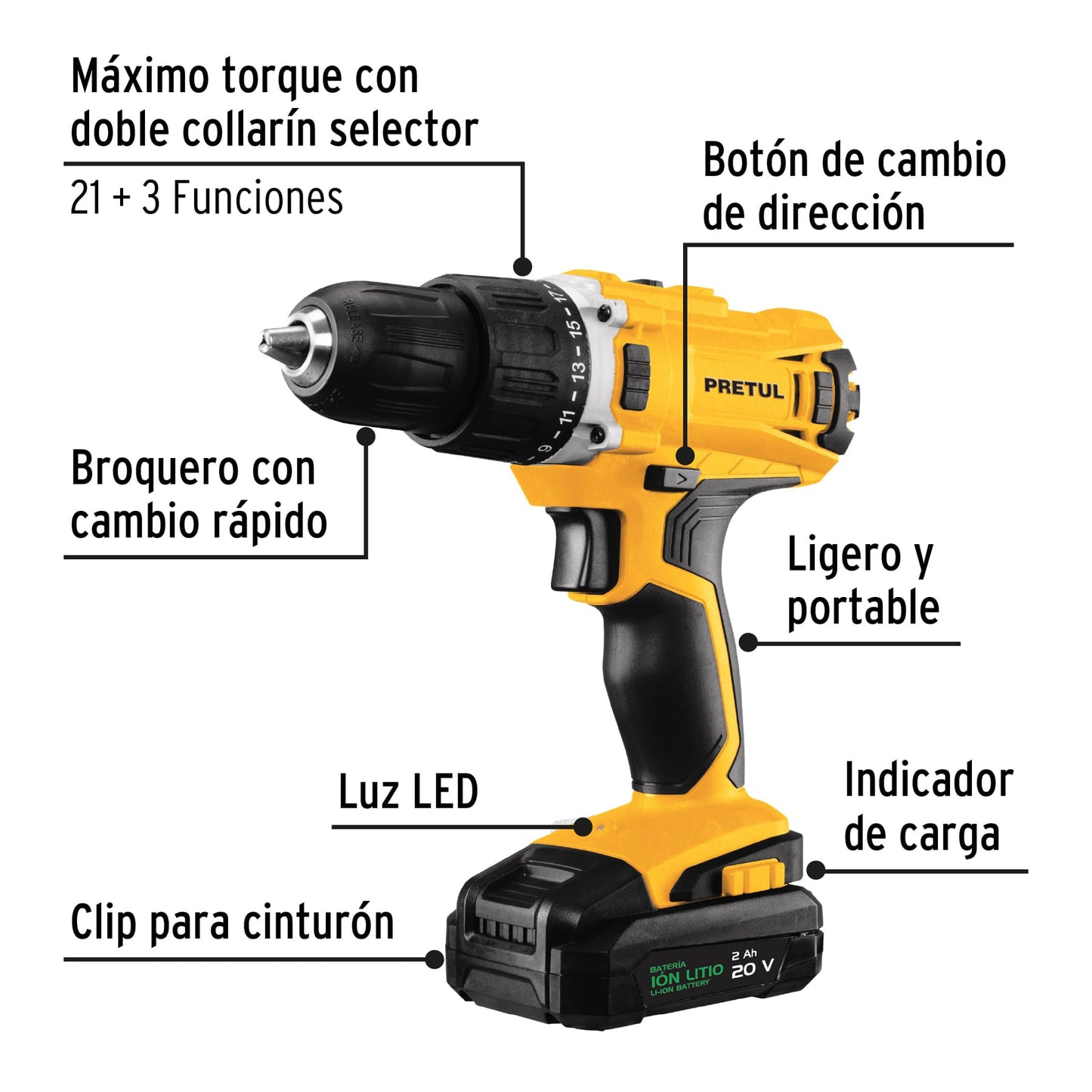 Taladro inalámbrico 1/2', 20 V, Pretul TALI-20P2 26118 MM1