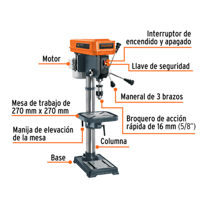 Taladro de piso 13', 3/4 HP (560 W), broquero 5/8', Truper TAPI-13 16178 MM1