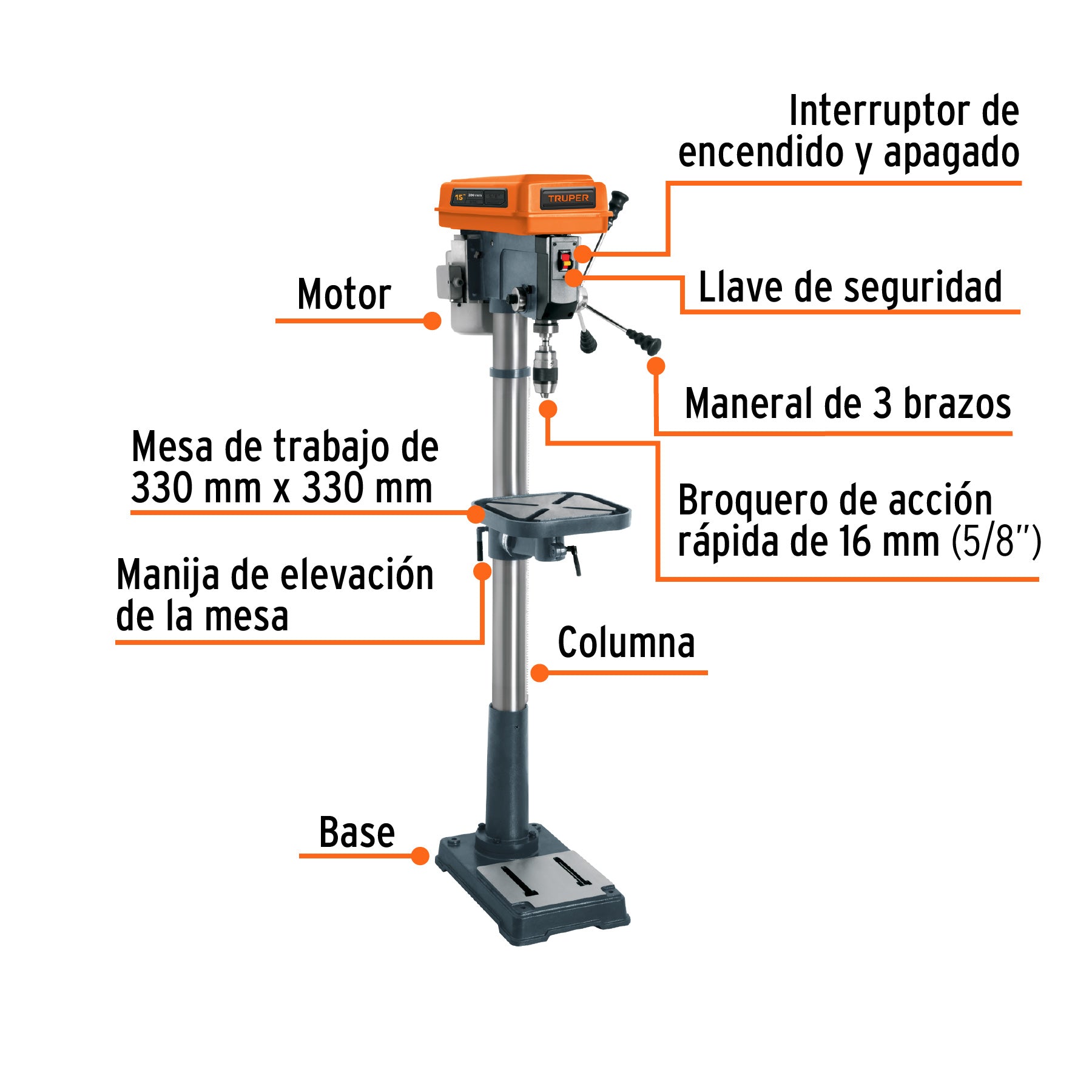 Taladro de piso 15', 1 HP (750 W), broquero 5/8', Truper TAPI-15 16180 MM1