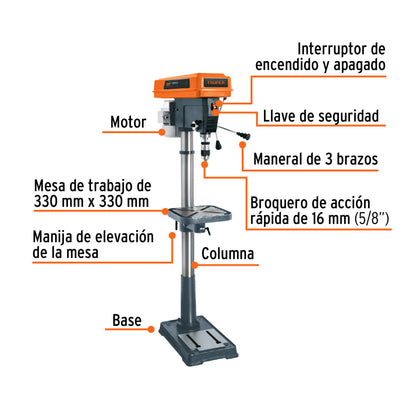 Taladro de piso 17', 1-1/2 HP (1200 W), broquero 5/8',Truper TAPI-17 16182 MM1