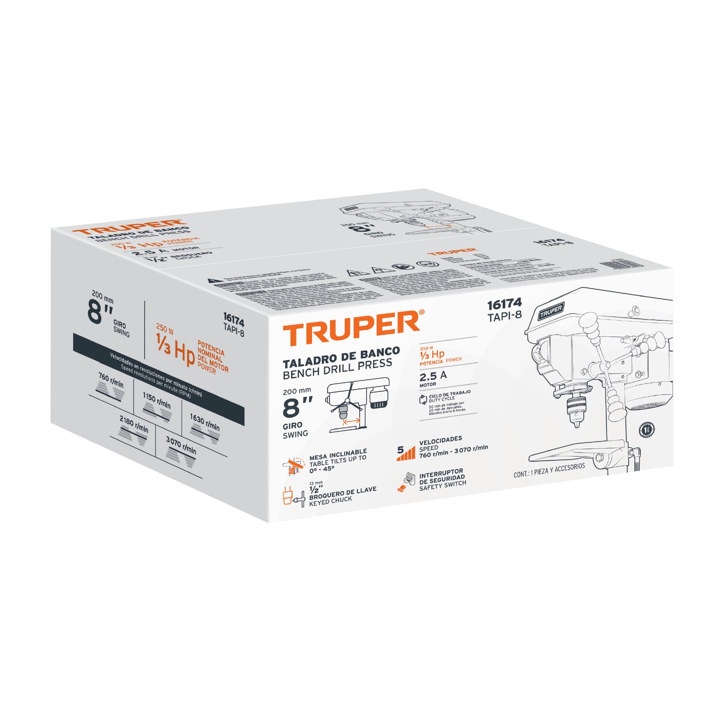 Taladro de piso 8', 1/3 HP (250 W), broquero 1/2', Truper TAPI-8 16174 MM1