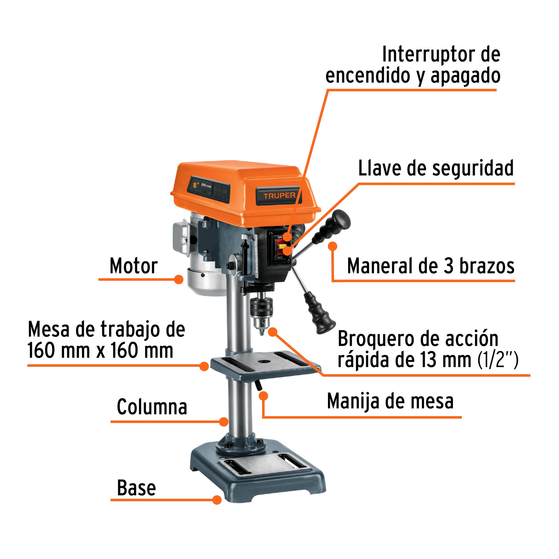 Taladro de piso 8', 1/3 HP (250 W), broquero 1/2', Truper TAPI-8 16174 MM1