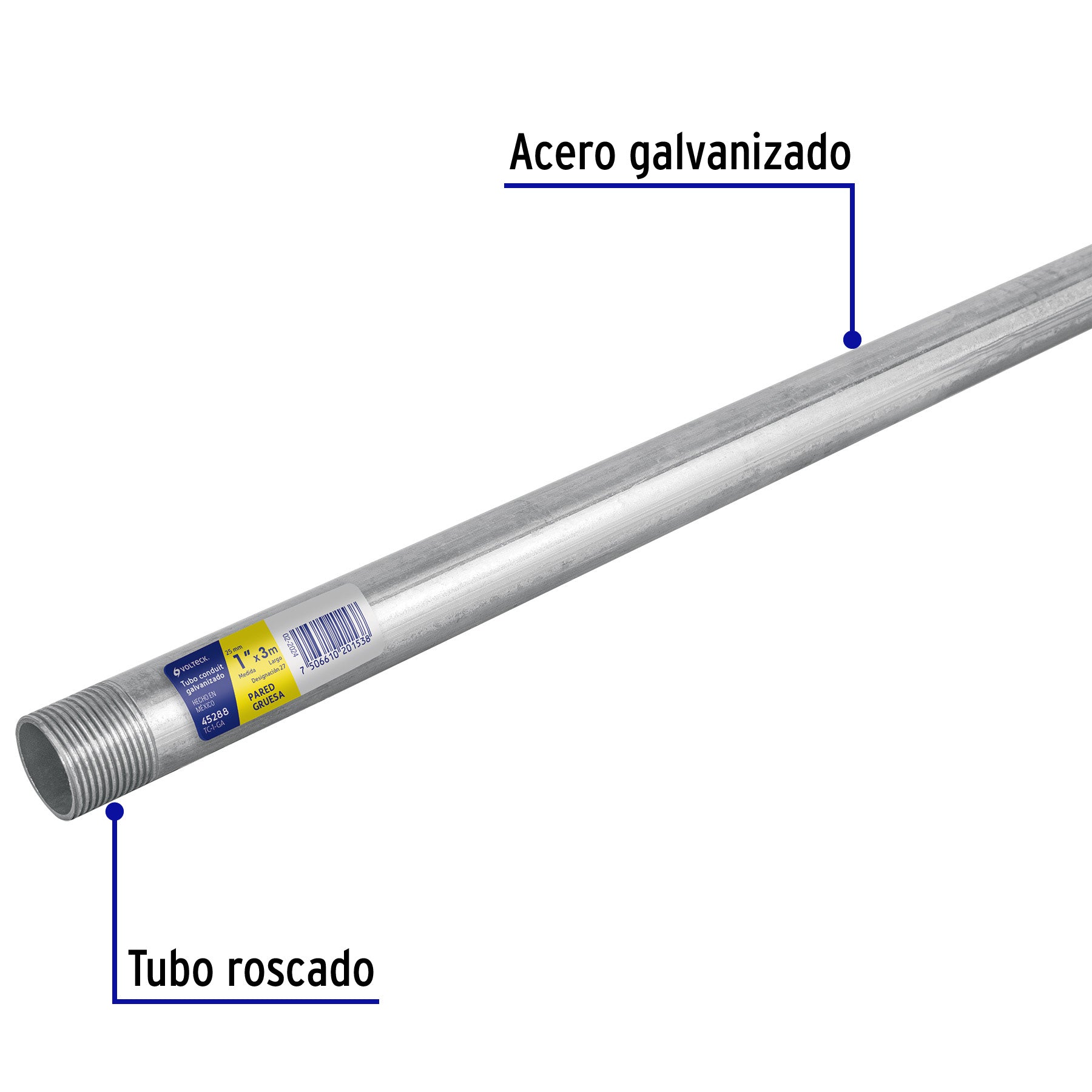 Tubo Conduit 1' galvanizado 3 m pared gruesa, et. Amarilla TC-1-GA 45288 MM1