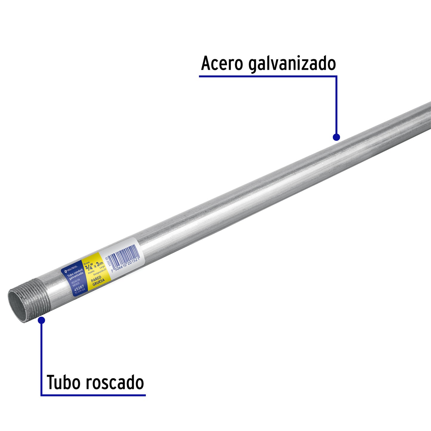 Tubo Conduit 3/4' galvanizado 3 m pared gruesa, et. Amarilla TC-3/4-GA 45287 MM1