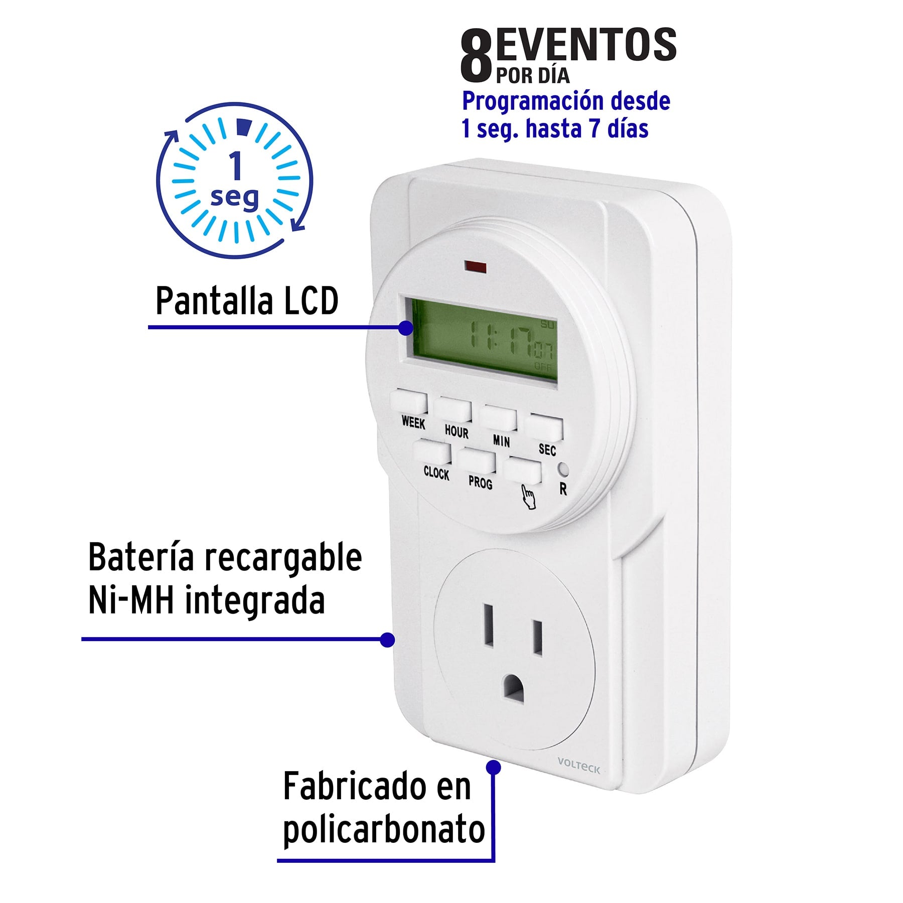 Temporizador digital, 8 eventos, Volteck TEM-8 48386 MM00