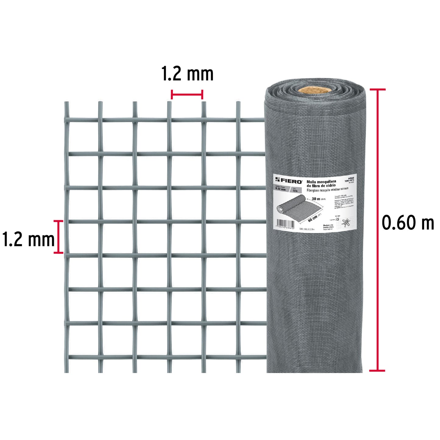 Rollo de 30 m x 0.6 m malla mosquitera fibra de vidrio gris TEMO-06FG 44949 MM0