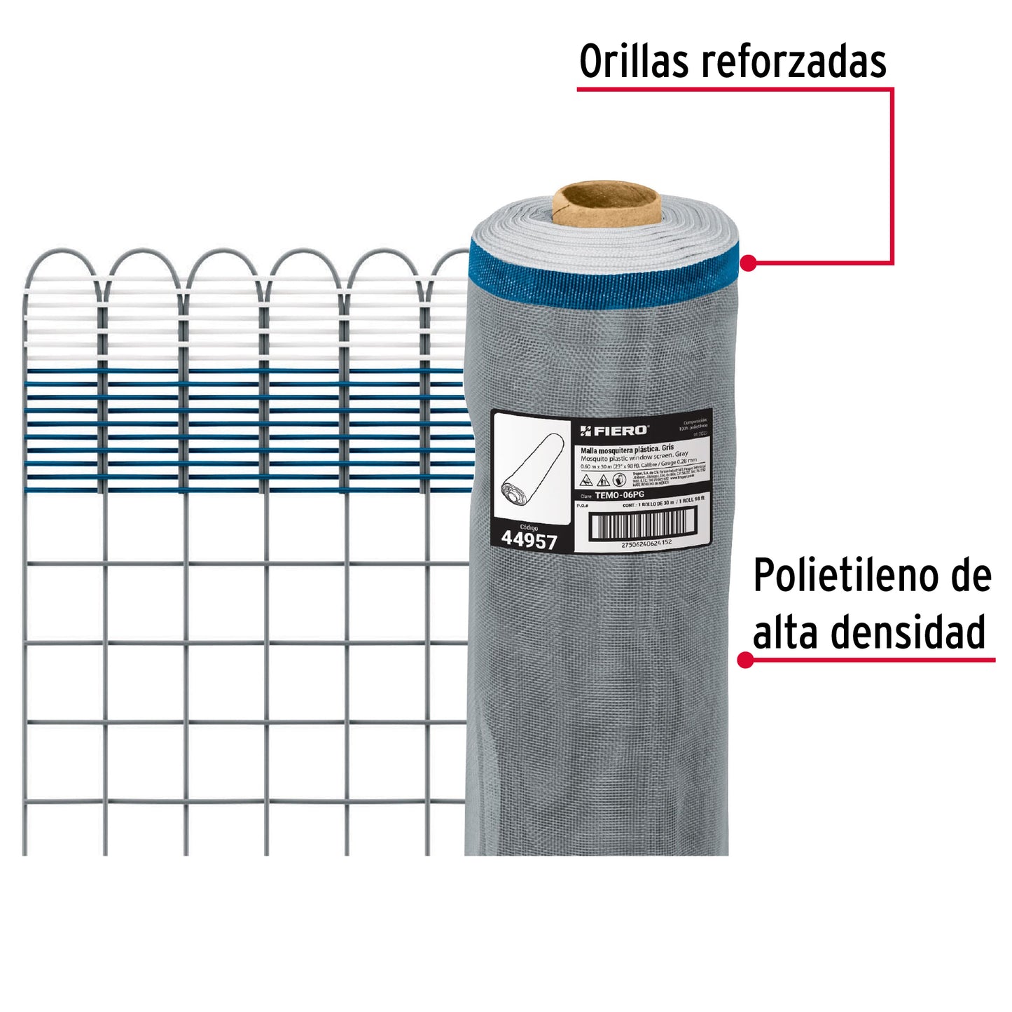 Rollo de 30 m x 0.6 m de malla mosquitera plástica gris TEMO-06PG 44957 MM1