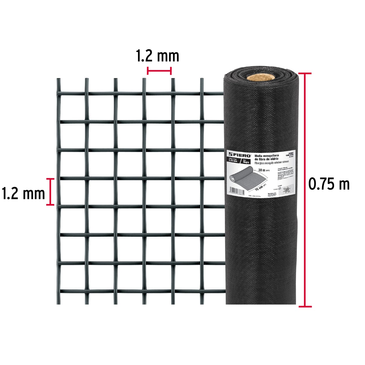 Rollo de 30 m x 0.75m malla mosquitera fibra de vidrio negra TEMO-07FN 44993 MM0