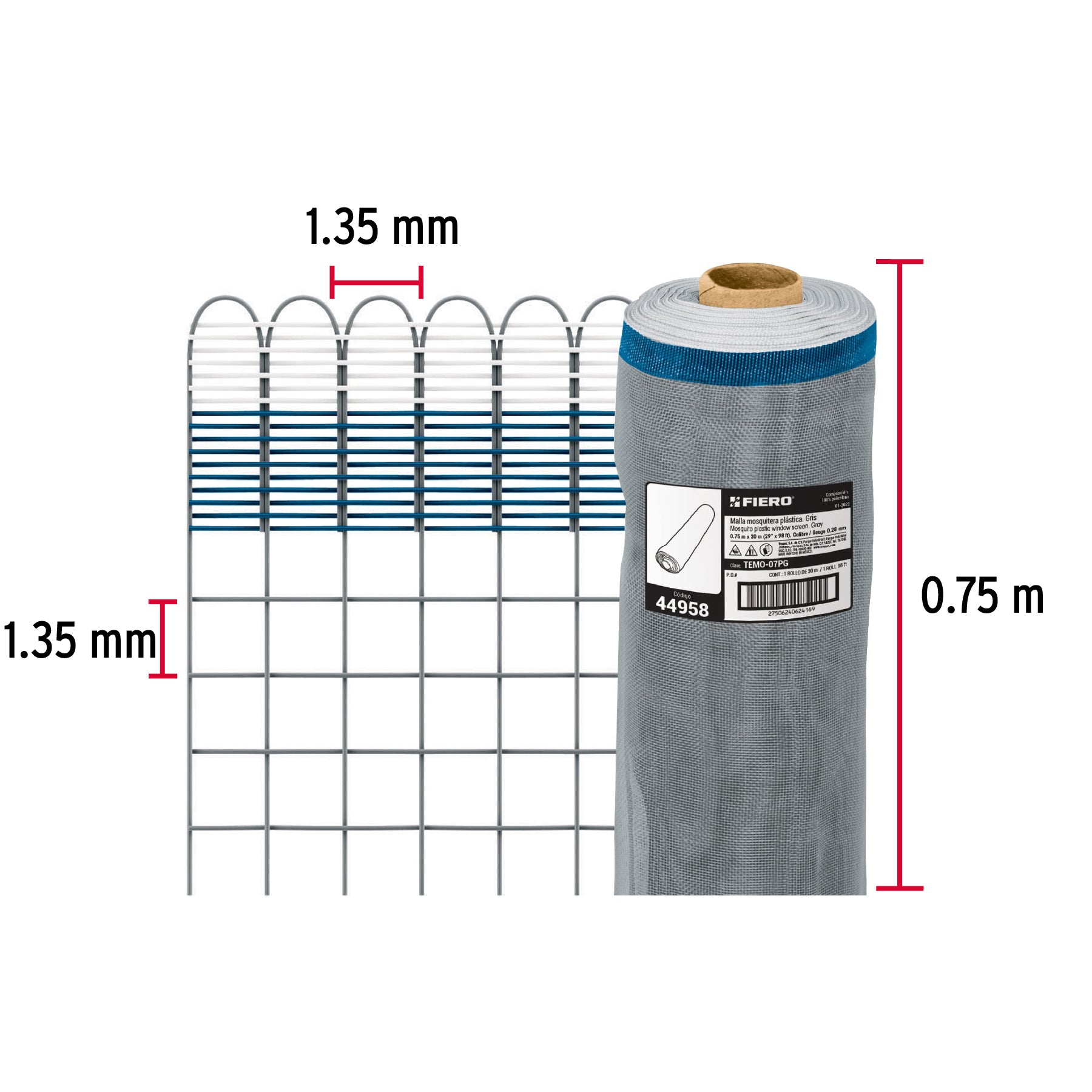 Rollo de 30 m x 0.75 m de malla mosquitera plástica gris TEMO-07PG 44958 MM1