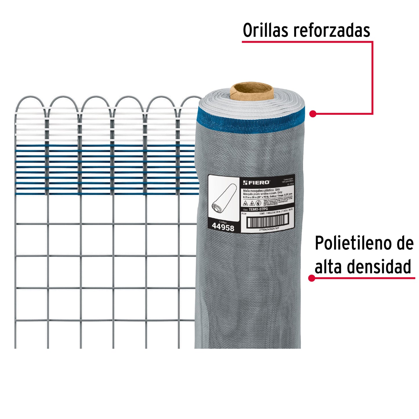 Rollo de 30 m x 0.75 m de malla mosquitera plástica gris TEMO-07PG 44958 MM1