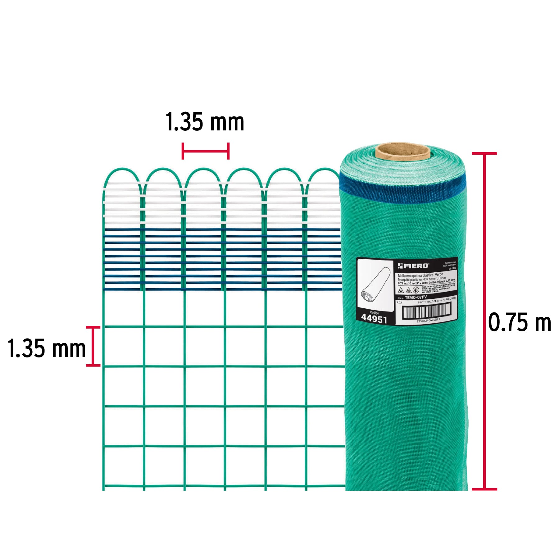 Rollo de 30 m x 0.75 m de malla mosquitera plástica verde TEMO-07PV 44951 MM1