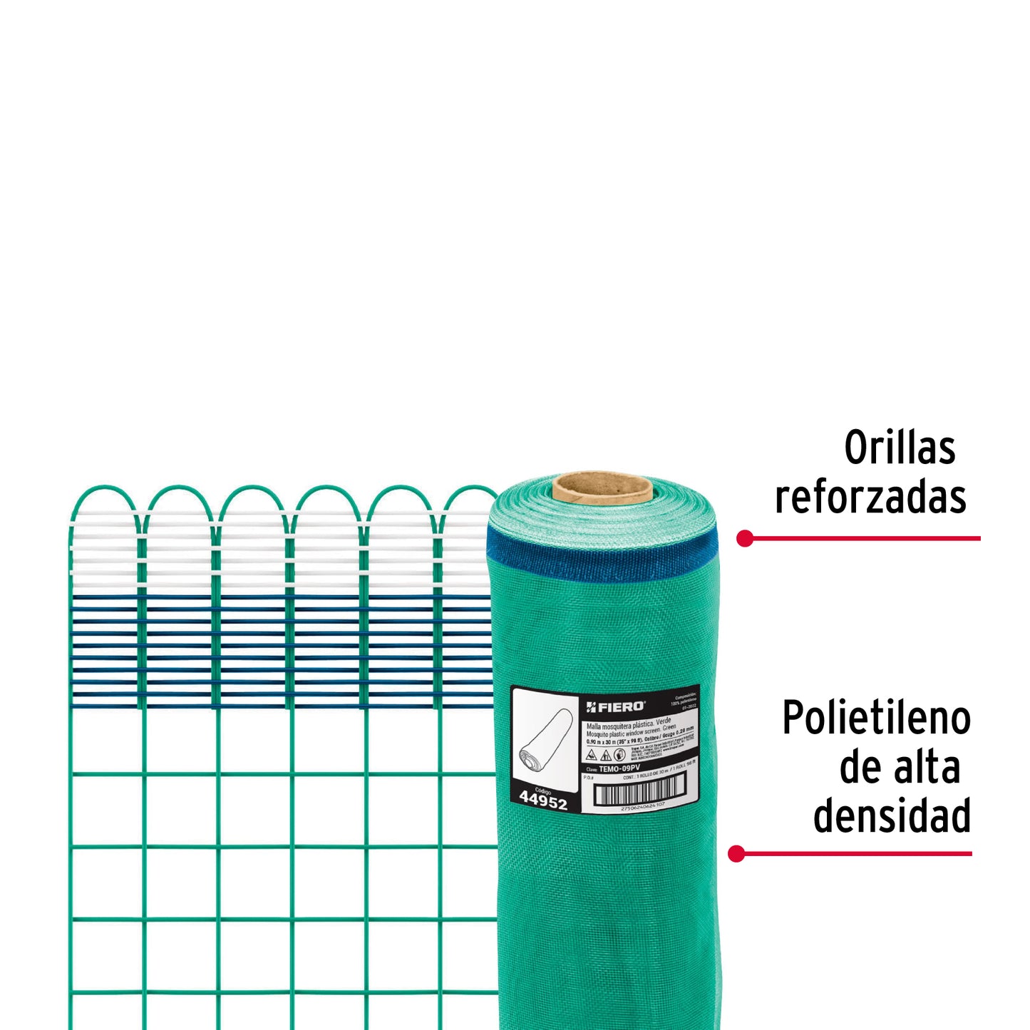 Rollo de 30 m x 0.9 m de malla mosquitera plástica verde TEMO-09PV 44952 MM1