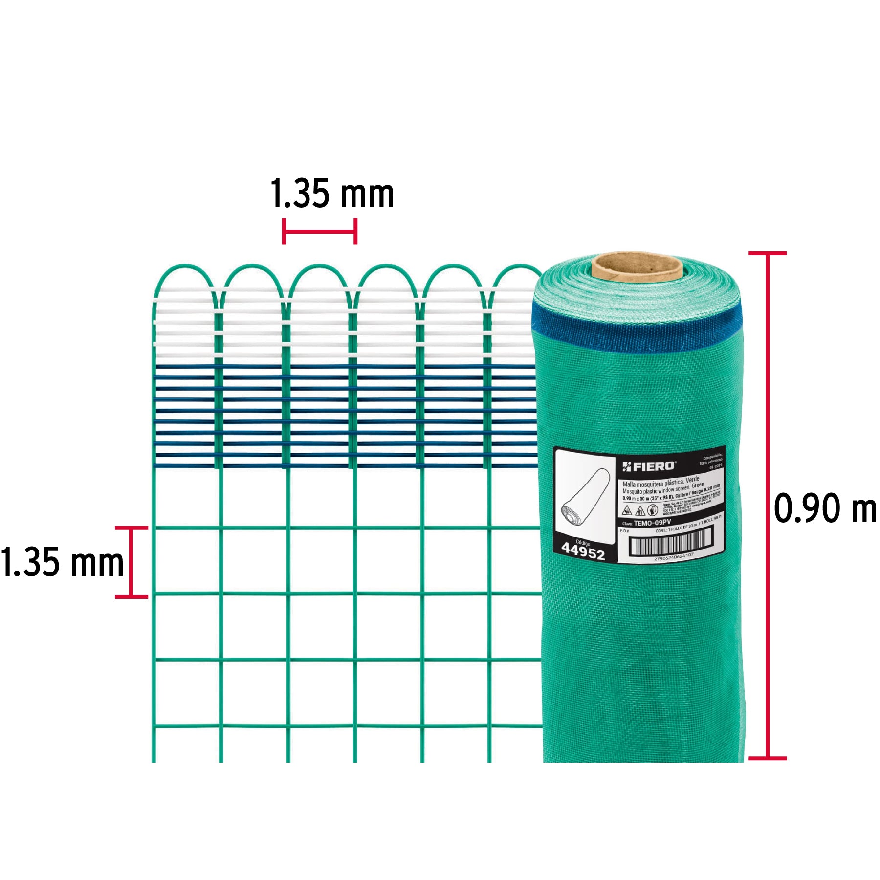 Rollo de 30 m x 0.9 m de malla mosquitera plástica verde TEMO-09PV 44952 MM1