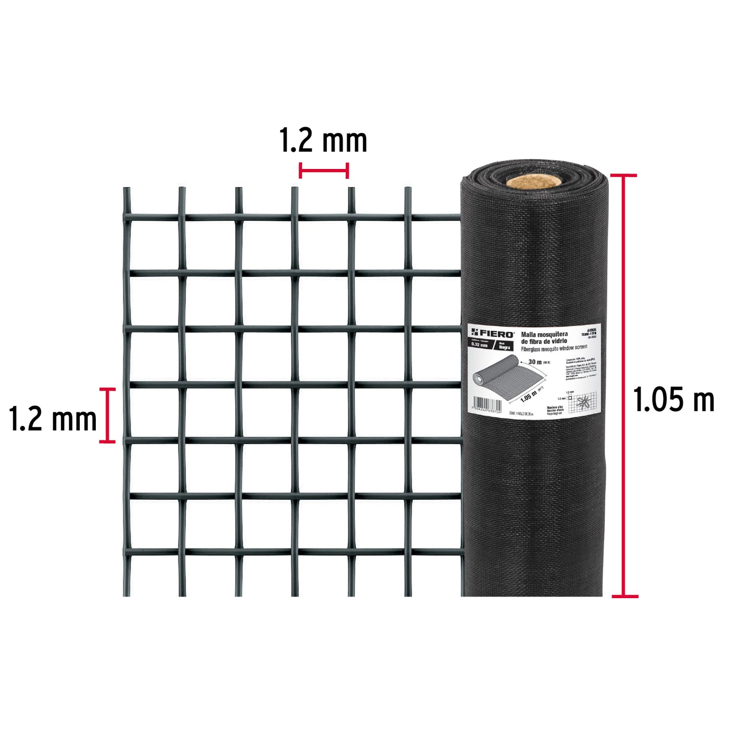 Rollo de 30 m x 1.05m malla mosquitera fibra de vidrio negra TEMO-10FN 44995 MM0