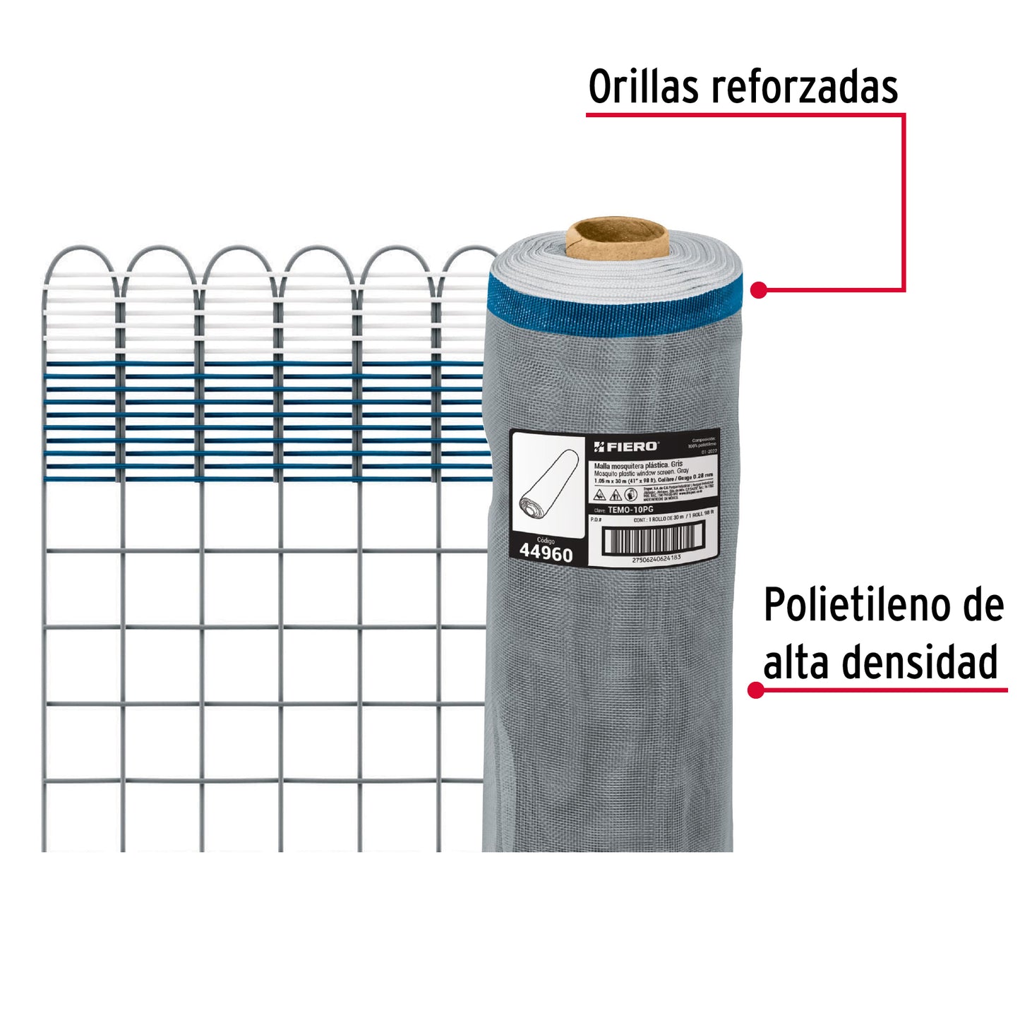 Rollo de 30 m x 1.05 m de malla mosquitera plástica gris TEMO-10PG 44960 MM1