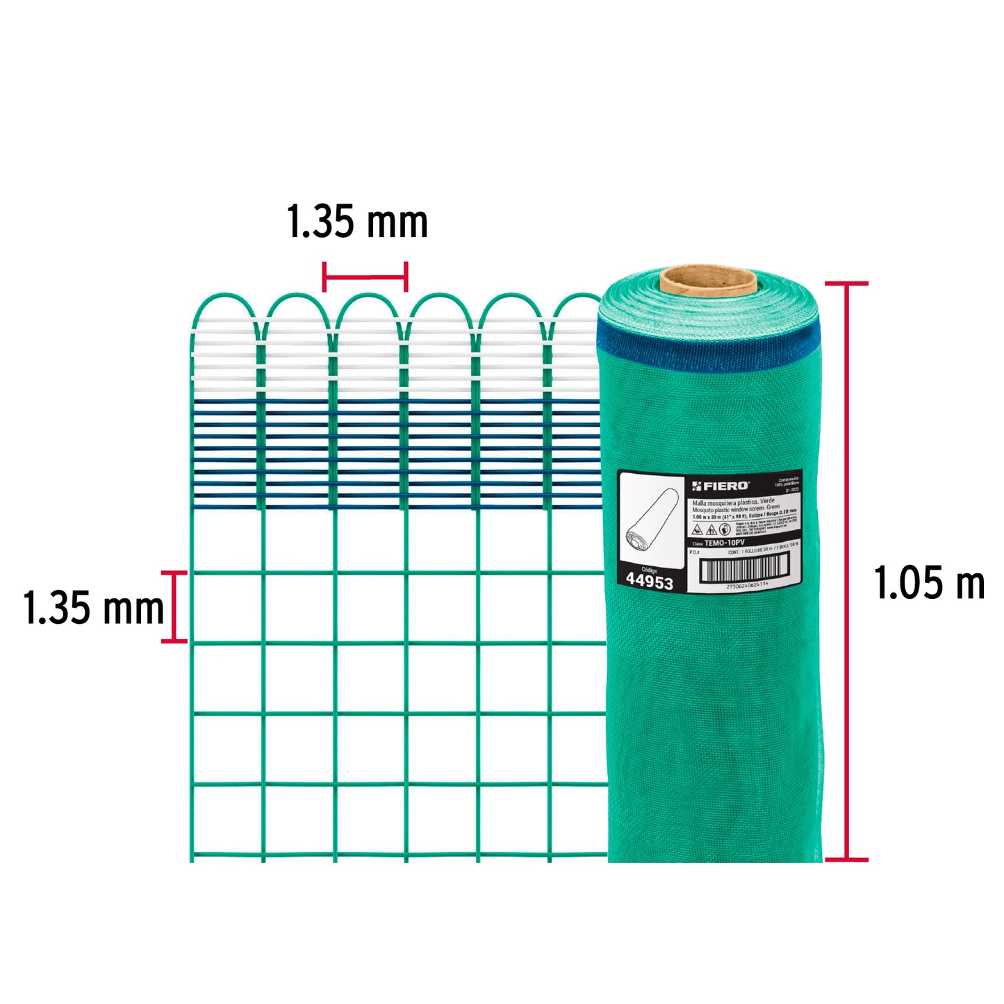 Rollo de 30 m x 1.05 m de malla mosquitera plástica verde TEMO-10PV 44953 MM1