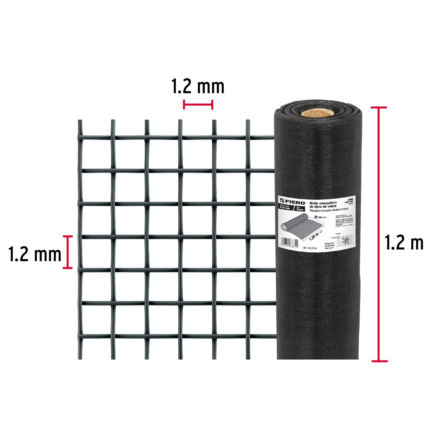 Rollo de 30 m x 1.2 m malla mosquitera fibra de vidrio negra TEMO-12FN 44996 MM0