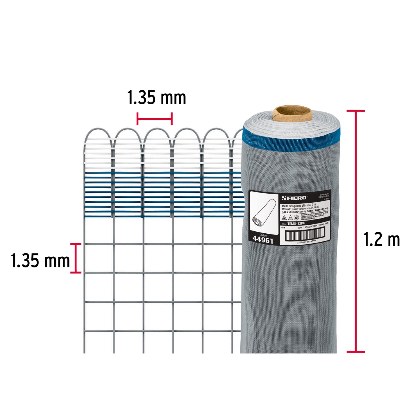 Rollo de 30 m x 1.2 m de malla mosquitera plástica gris TEMO-12PG 44961 MM1