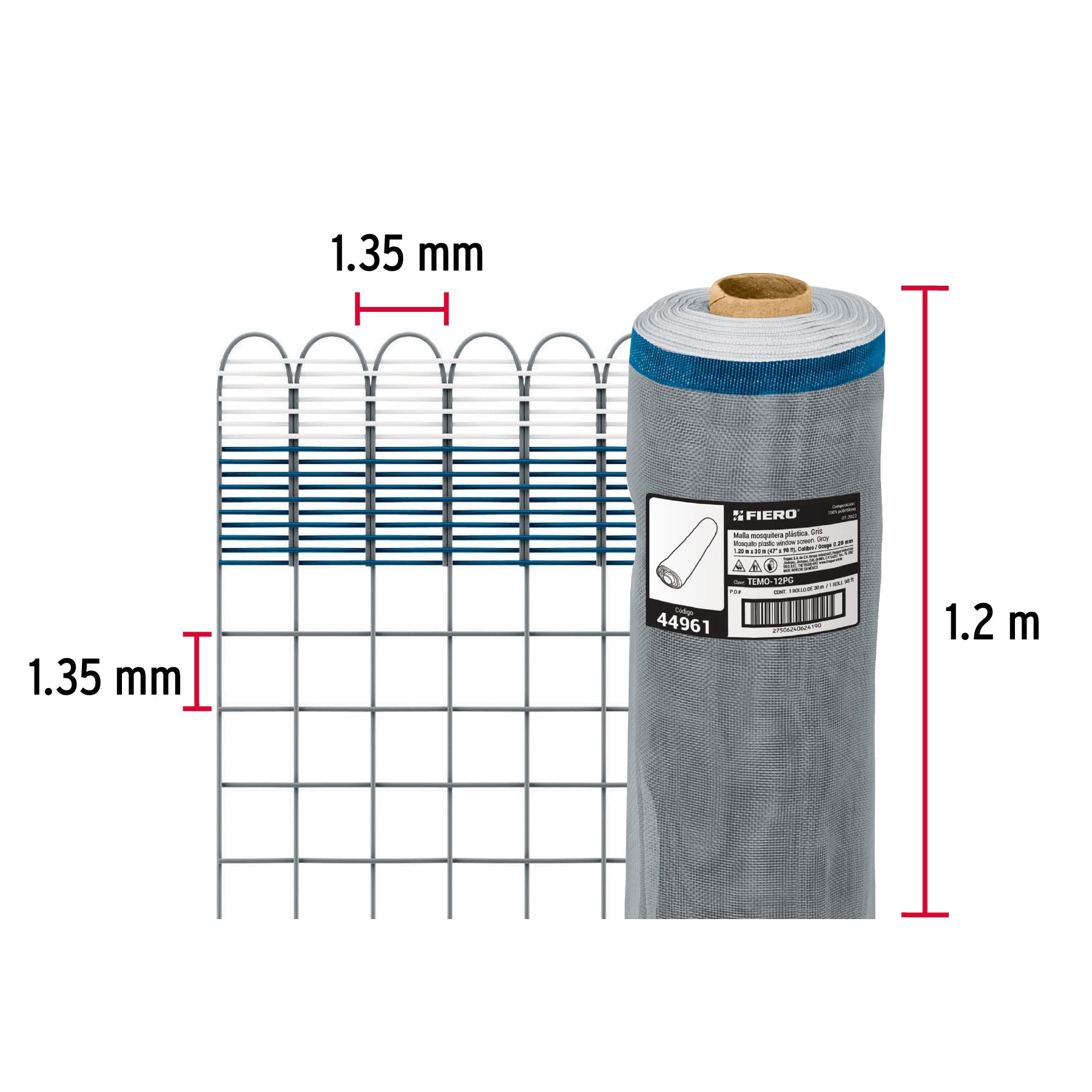 Rollo de 30 m x 1.2 m de malla mosquitera plástica gris TEMO-12PG 44961 MM1