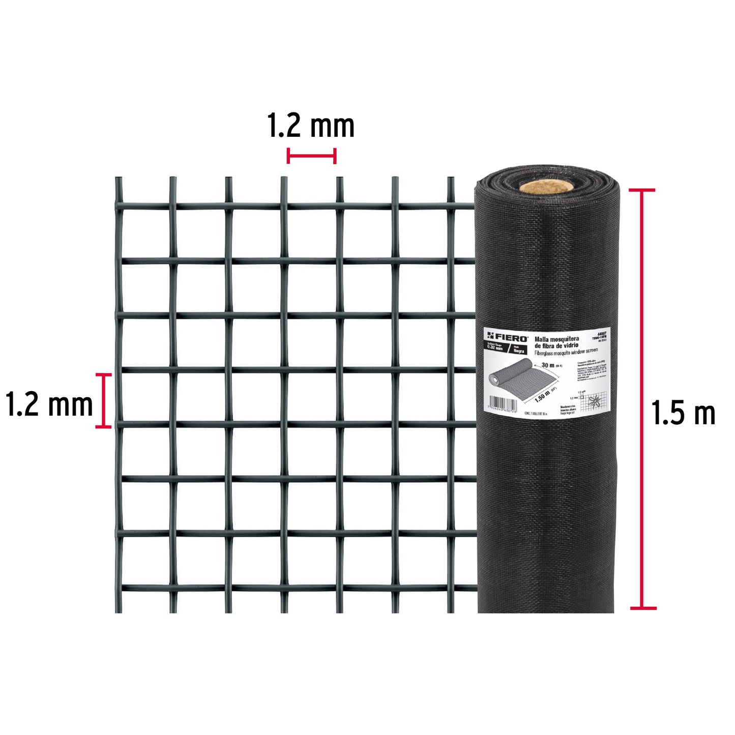 Rollo de 30 m x 1.5 m malla mosquitera fibra de vidrio negra TEMO-15FN 44997 MM0