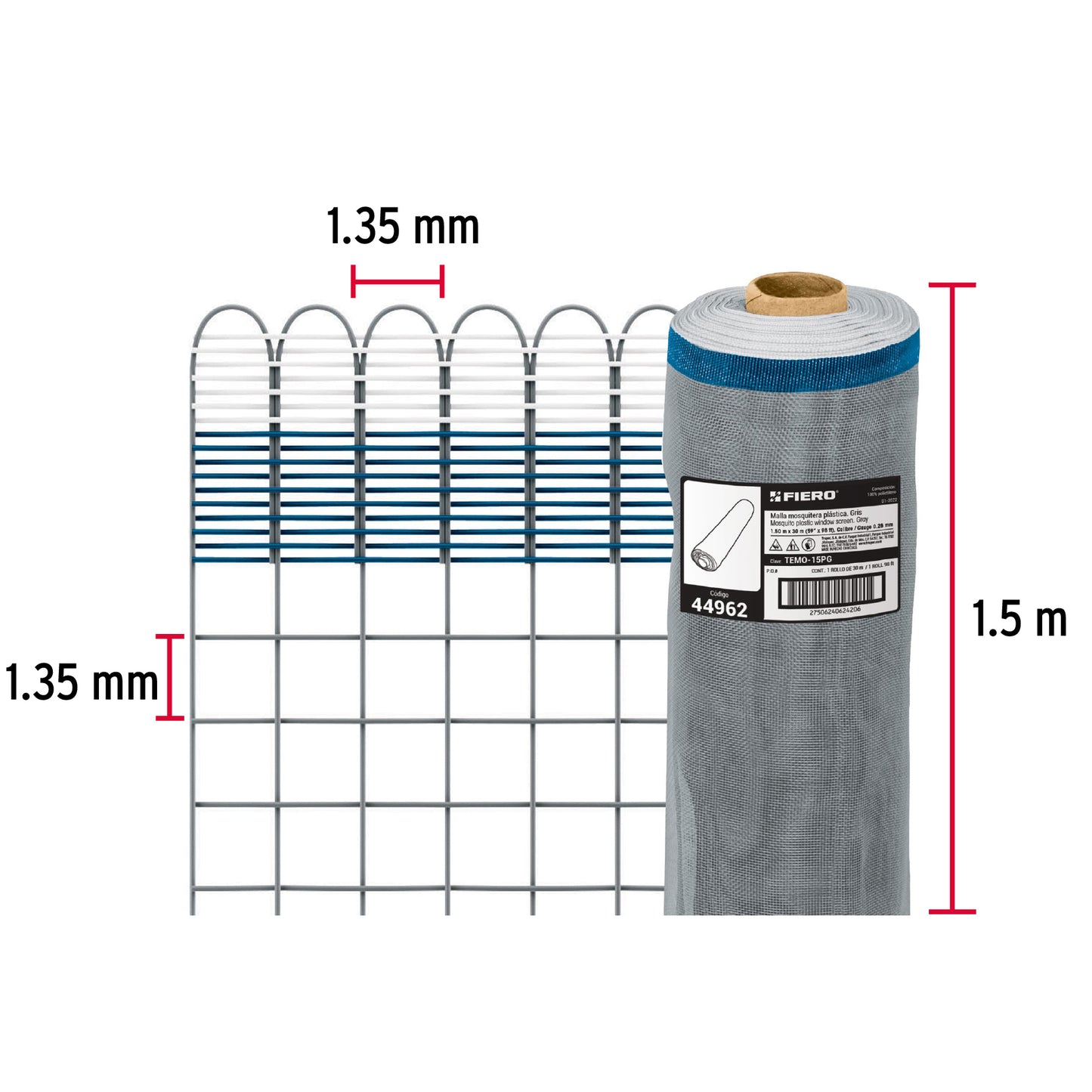 Rollo de 30 m x 1.5 m de malla mosquitera plástica gris TEMO-15PG 44962 MM1