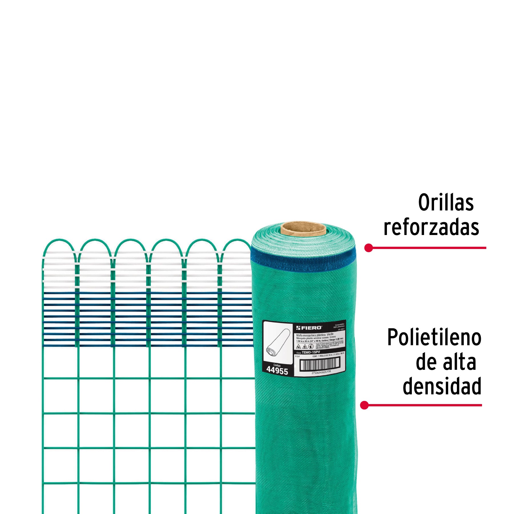 Rollo de 30 m x 1.5 m de malla mosquitera plástica verde TEMO-15PV 44955 MM1