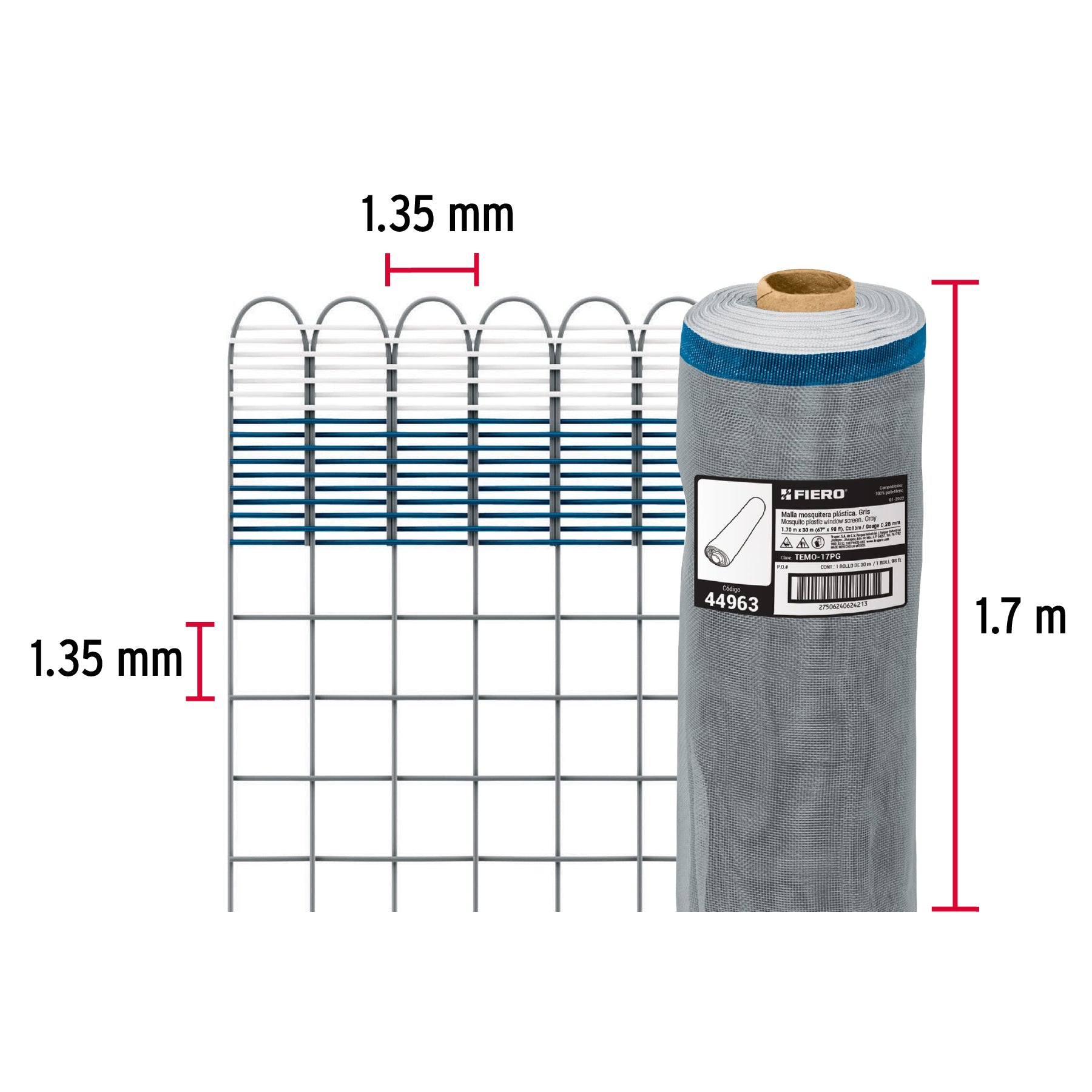 Rollo de 30 m x 1.7 m de malla mosquitera plástica gris TEMO-17PG 44963 MM1