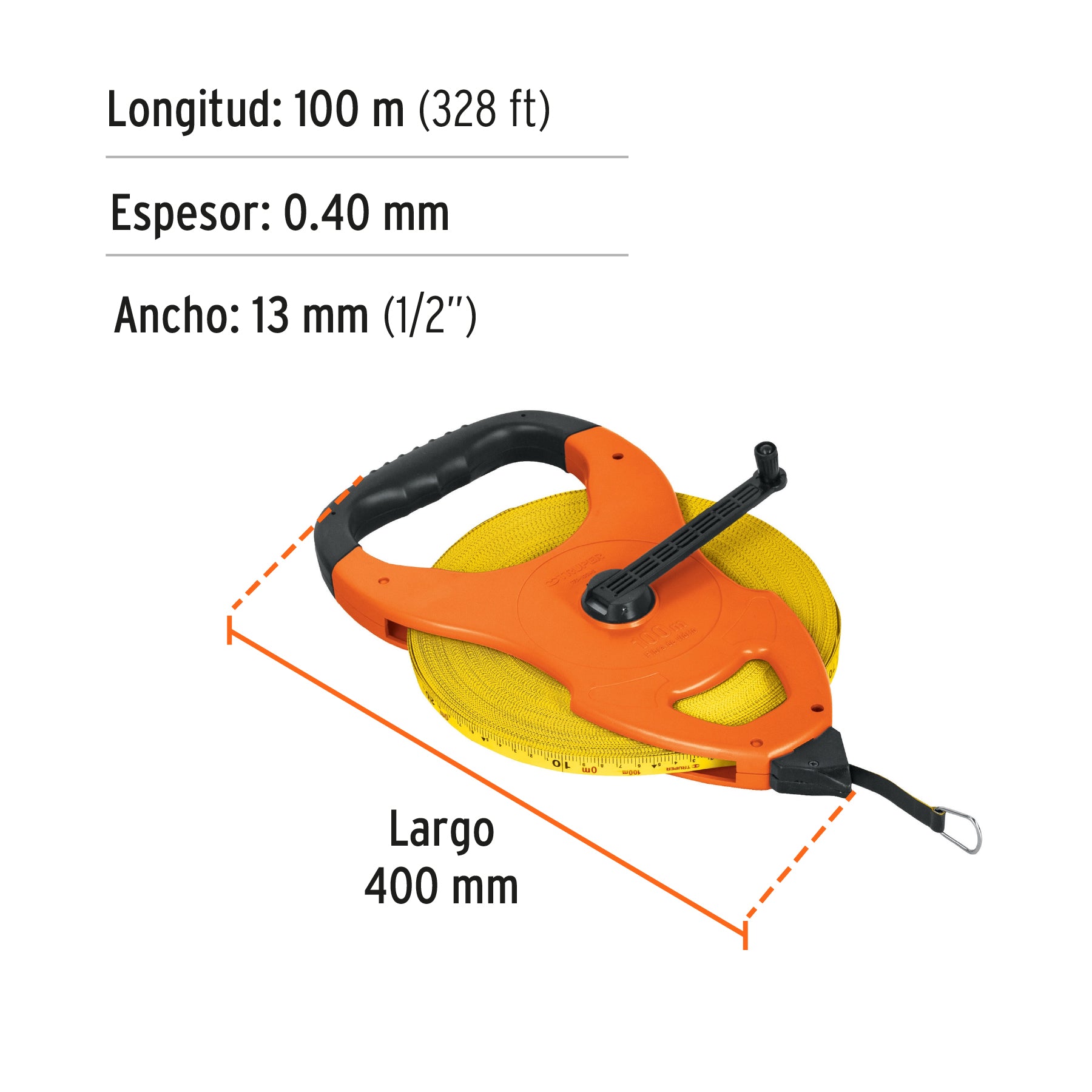 Cinta larga 100 m de fibra de vidrio, tipo cruceta, Truper TFC-100ME 12645 MM00