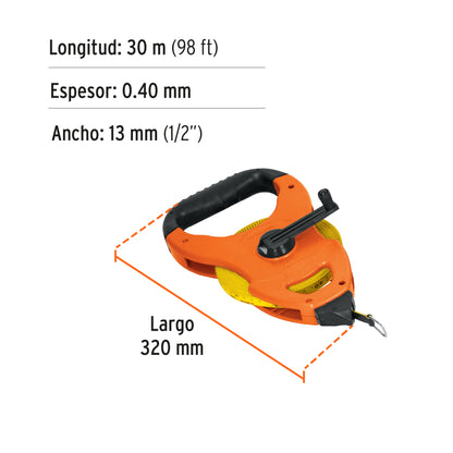 Cinta larga 30 m de fibra de vidrio, tipo cruceta, Truper TFC-30ME 12646 MM00