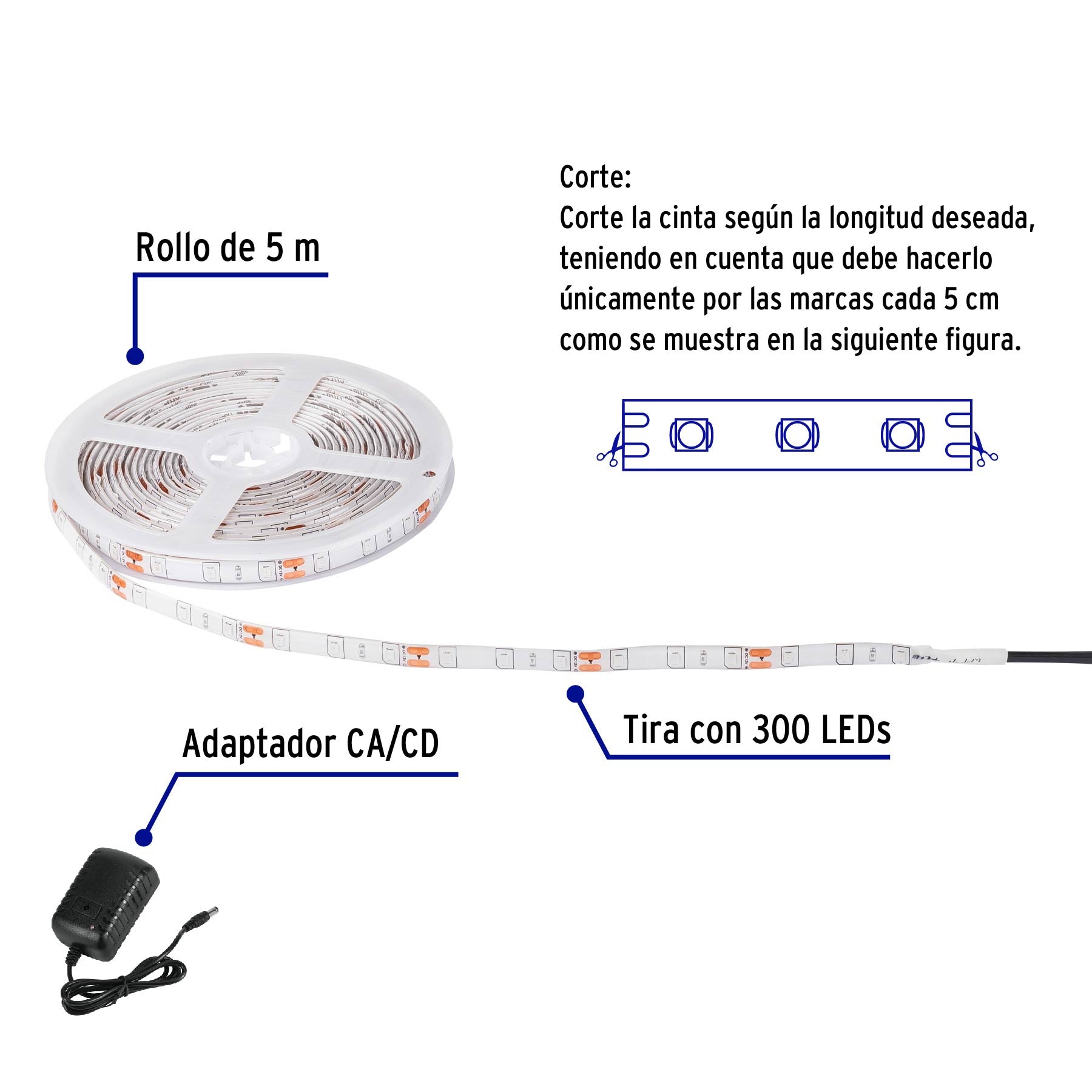 Tira de LED de 5 m 18 W para interior y exterior azul TIR-003L 44026 MM0