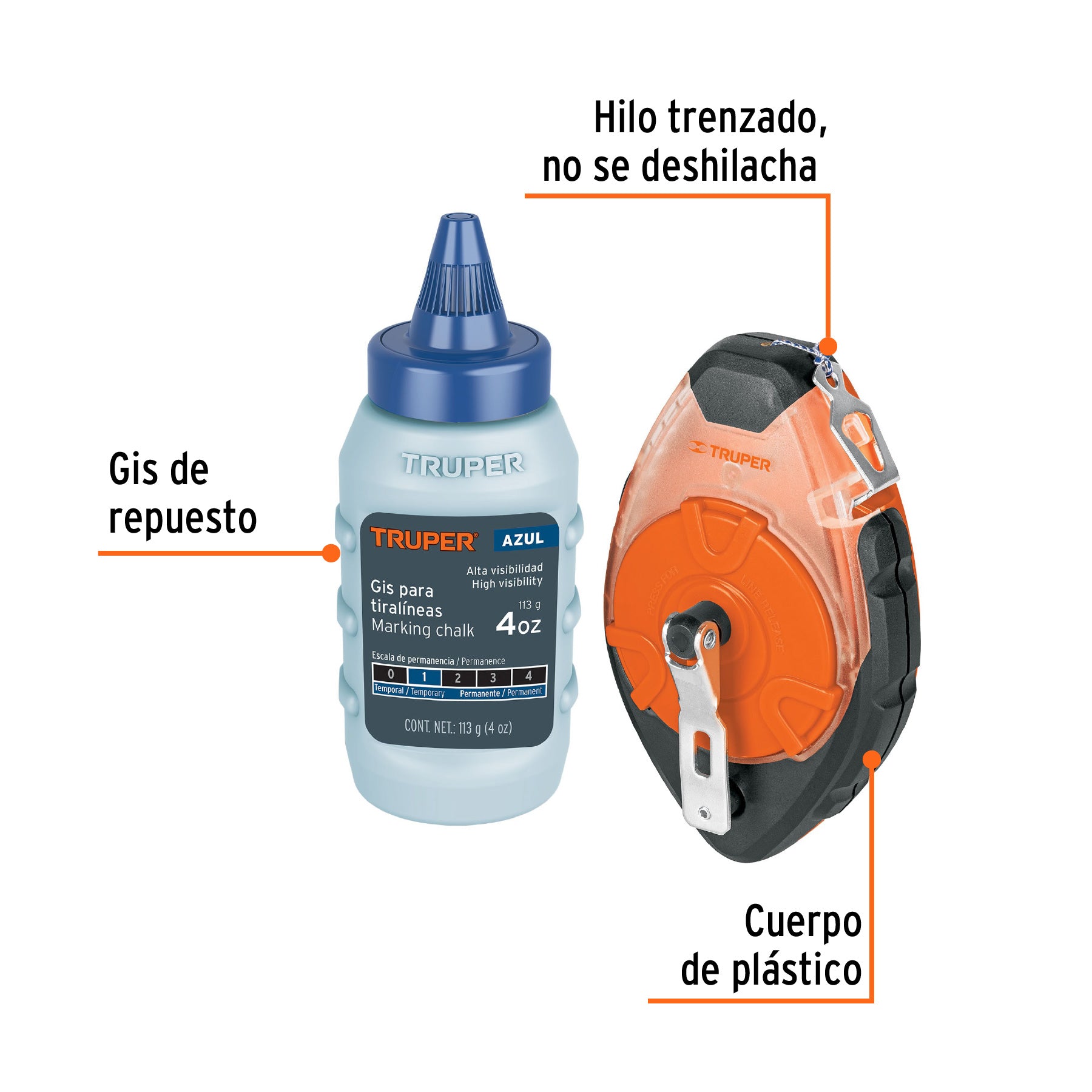 Tiralíneas profesional plástico con gis, 30m(100 ft), Truper TL-100 18575 MM00