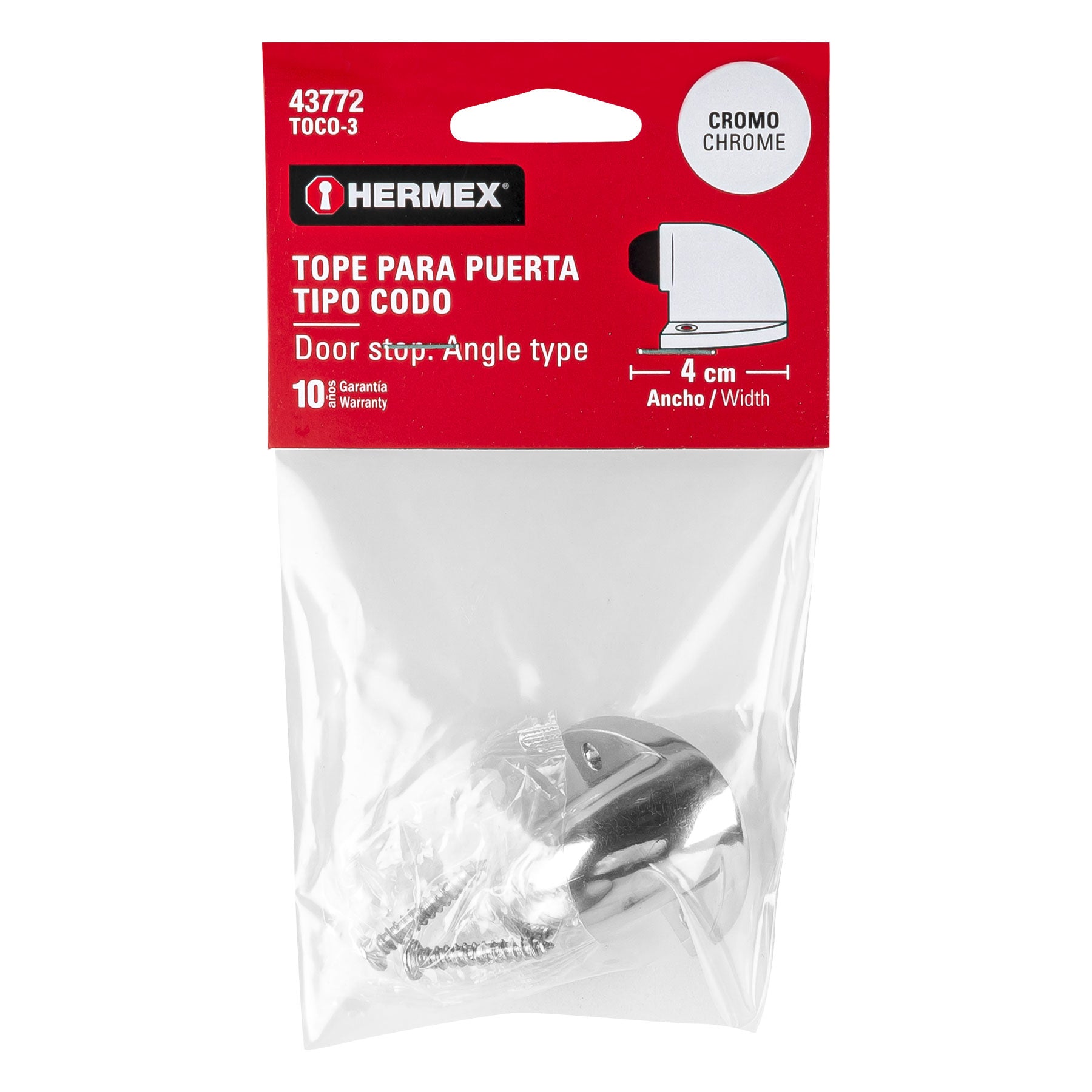 Tope tipo codo para puerta, acabado cromo,Hermex TOCO-3 43772 MM0