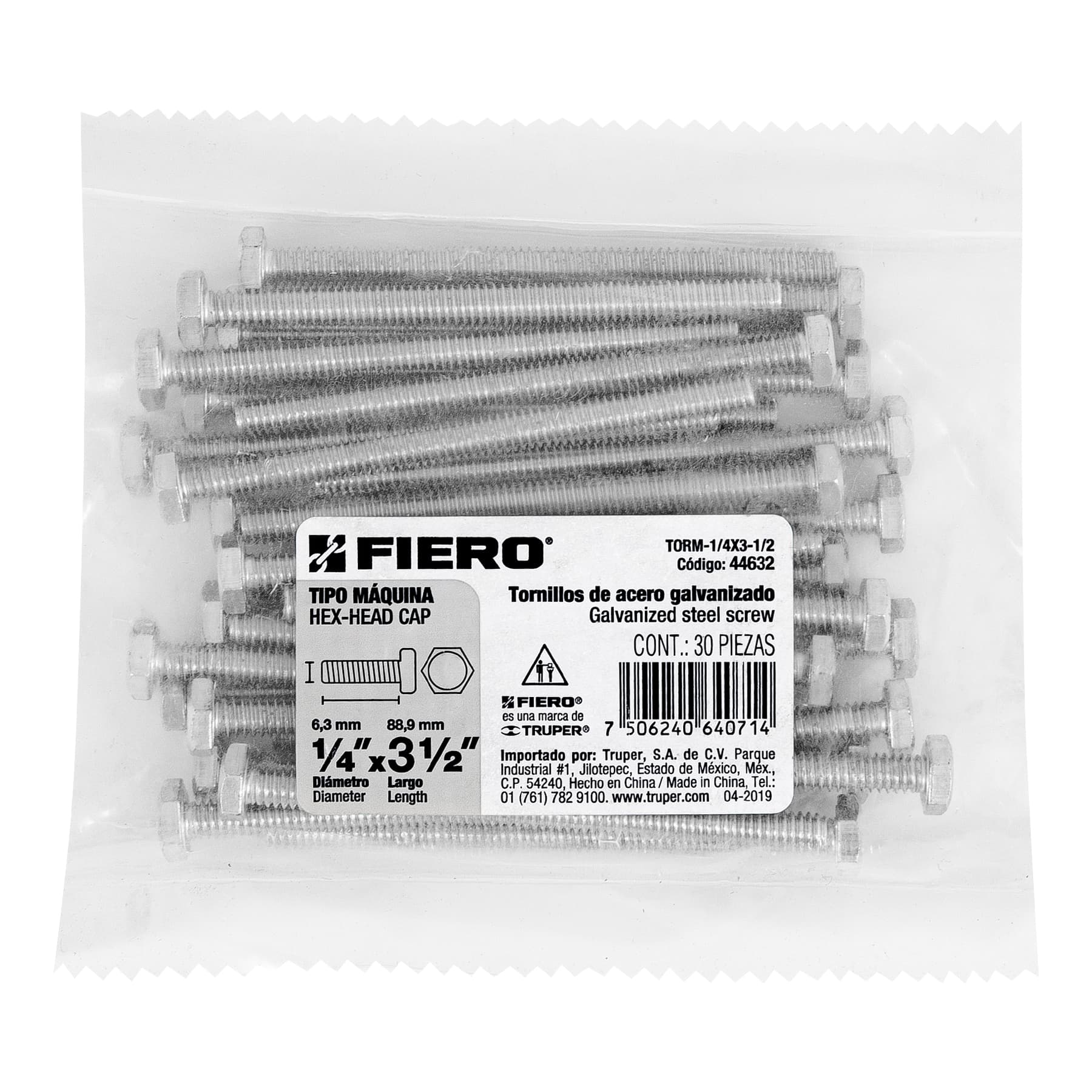 Bolsa con 30 tornillos 1/4' x 3-1/2' tipo máquina, Fiero TORM-1/4X3-1/2 44632 MM00