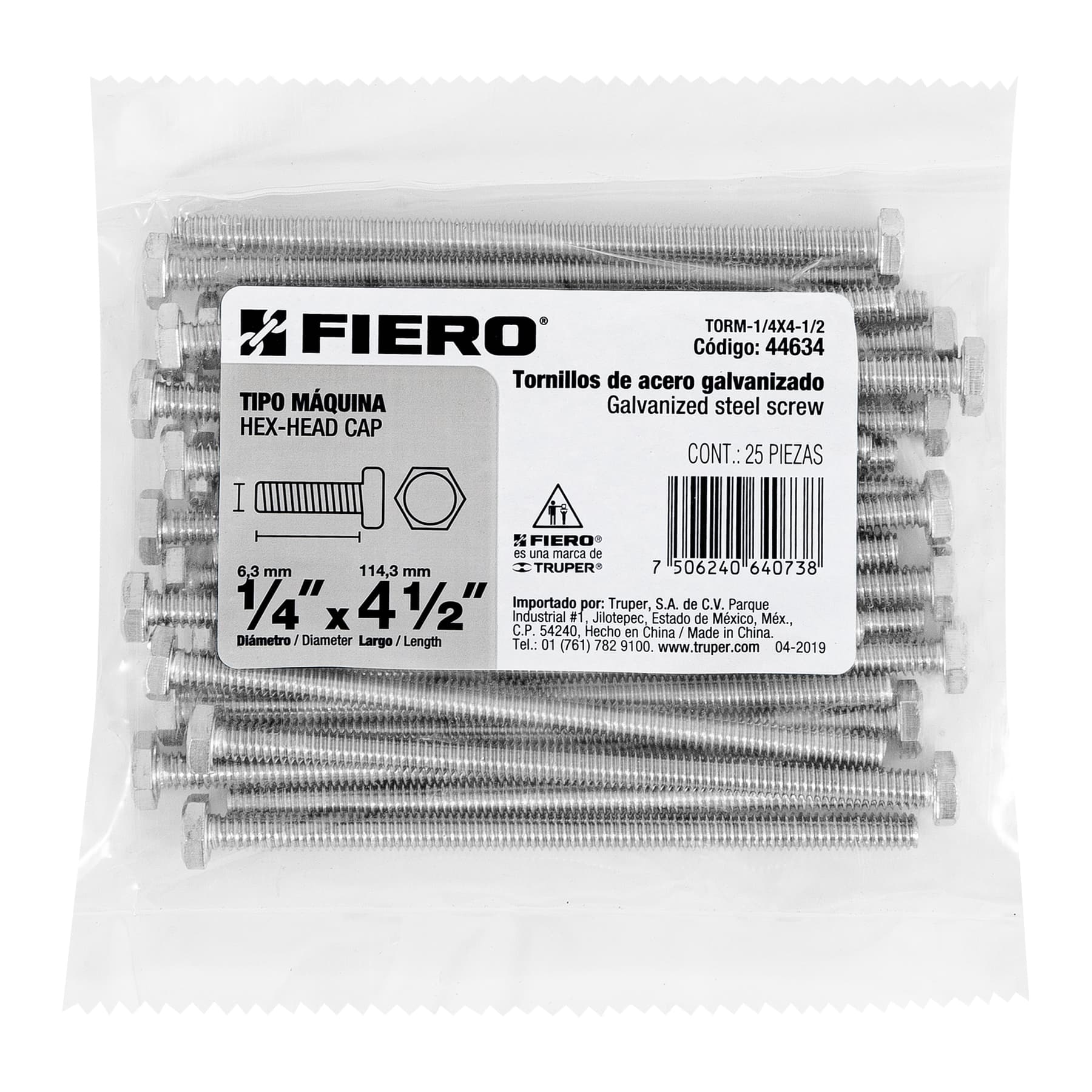 Bolsa con 25 tornillos 1/4' x 4-1/2' tipo máquina, Fiero TORM-1/4X4-1/2 44634 MM00