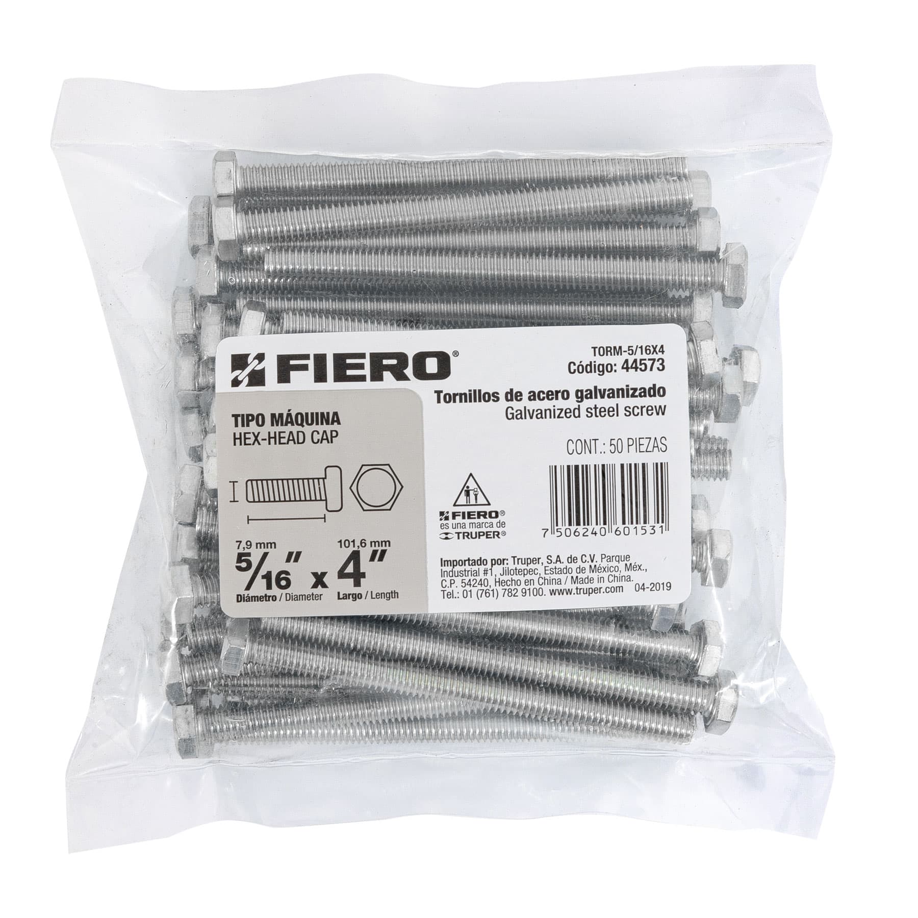 Bolsa con 50 tornillos 5/16' x 4' tipo máquina, Fiero TORM-5/16X4 44573 MM00