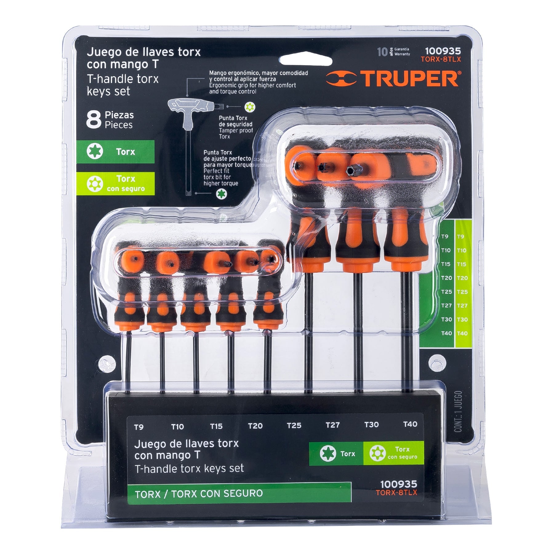 Juego de 8 llaves torx extralargas con mango T, Truper TORX-8TLX 100935 MM00