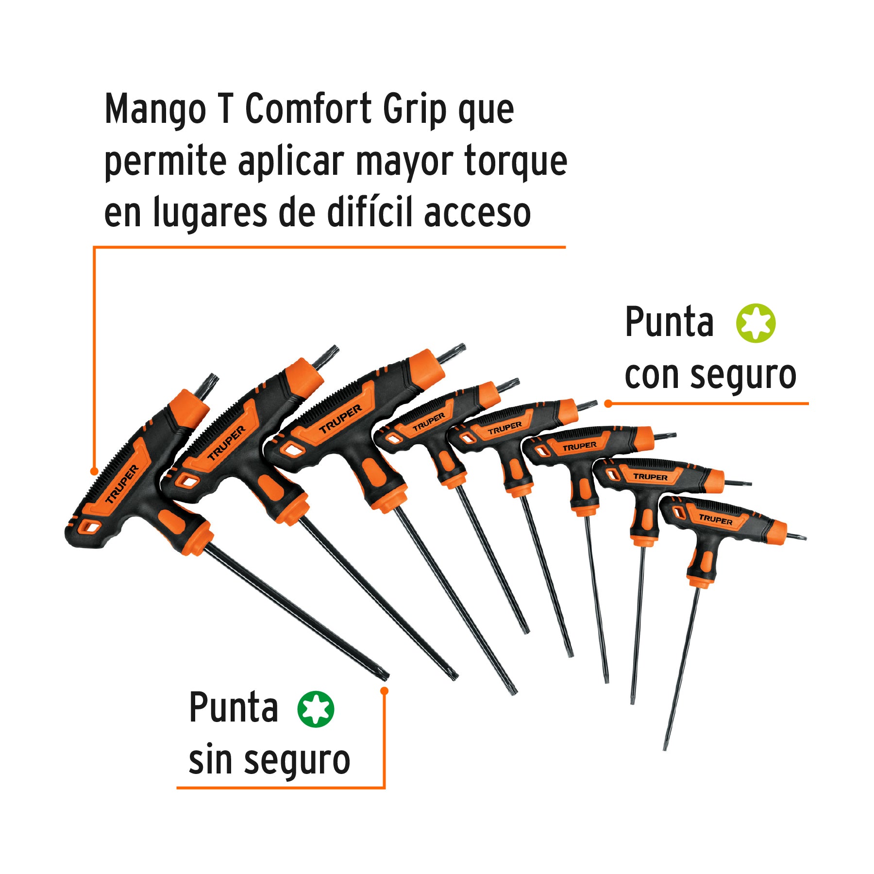 Juego de 8 llaves torx extralargas con mango T, Truper TORX-8TLX 100935 MM00