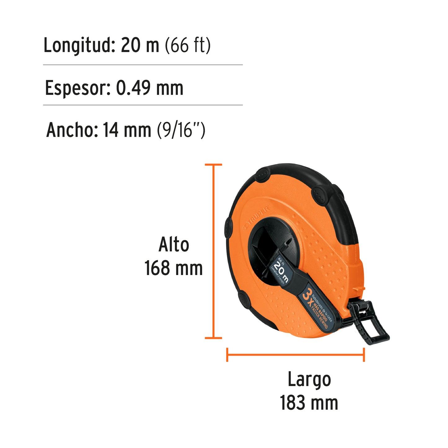 Cinta larga 20 m de fibra de vidrio, carcasa plástica TP20ME 12638 MM00