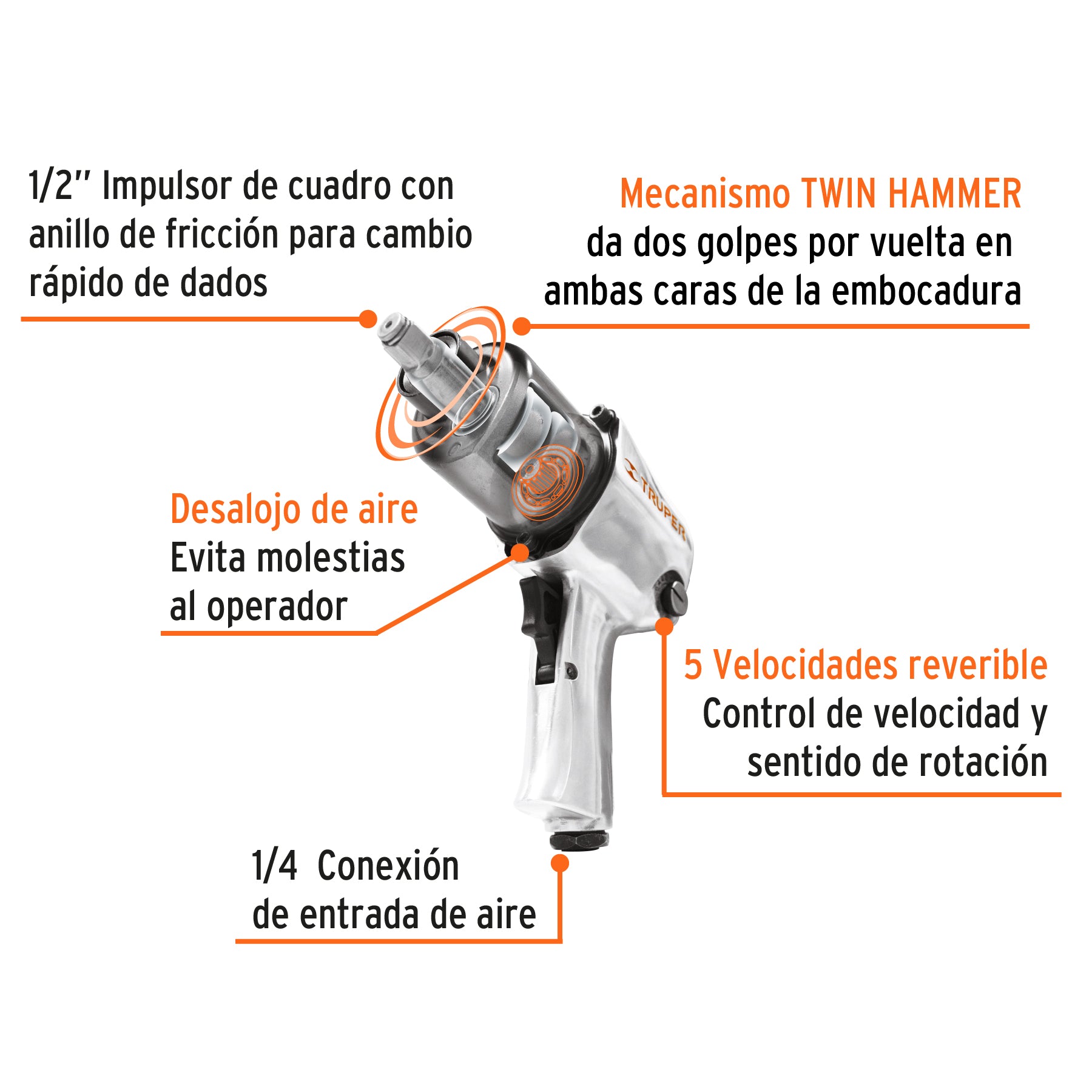 Llave de impacto neumática 1/2', industrial, Truper TPN-734H-2 11187 MM0