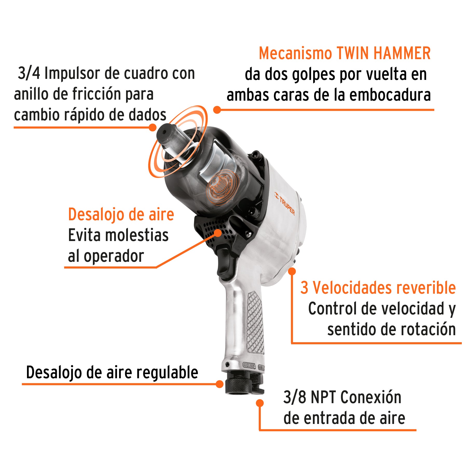 Llave de impacto neumática 3/4', industrial, Truper TPN-776X-2 16889 MM0