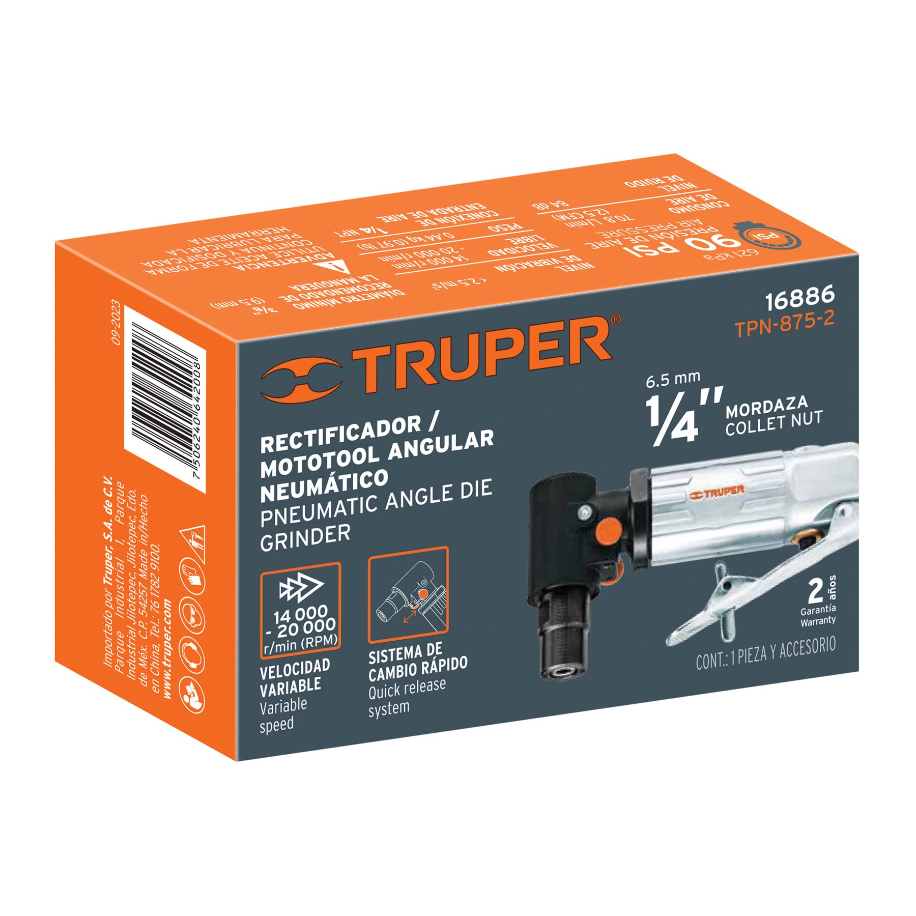 Rectificador neumático 1/4' angular, Truper TPN-875-2 16886 MM0