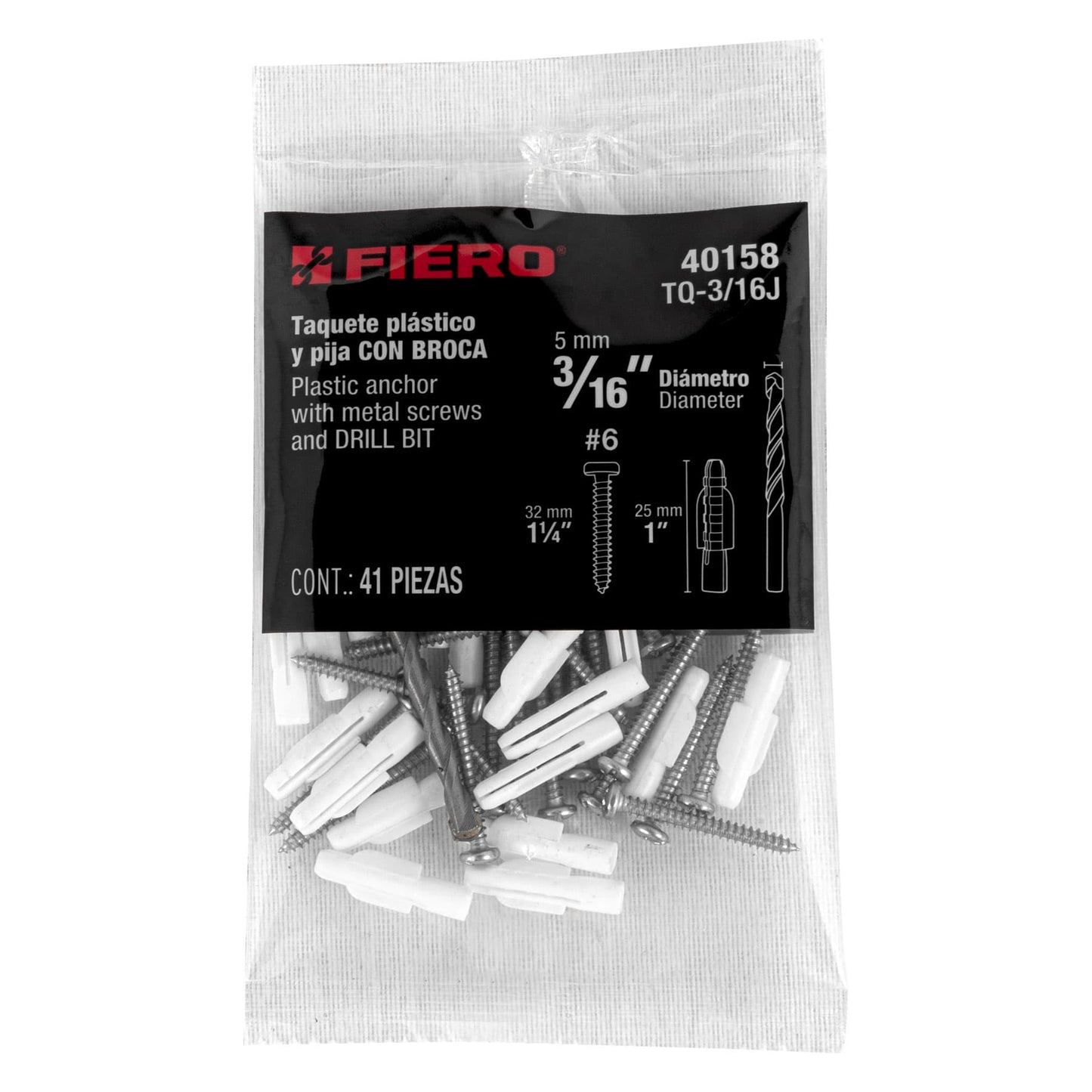 Kit de 20 taquetes 3/16' con pijas #6 y 1 broca 3/16', Fiero TQ-3/16J 40158 MM00