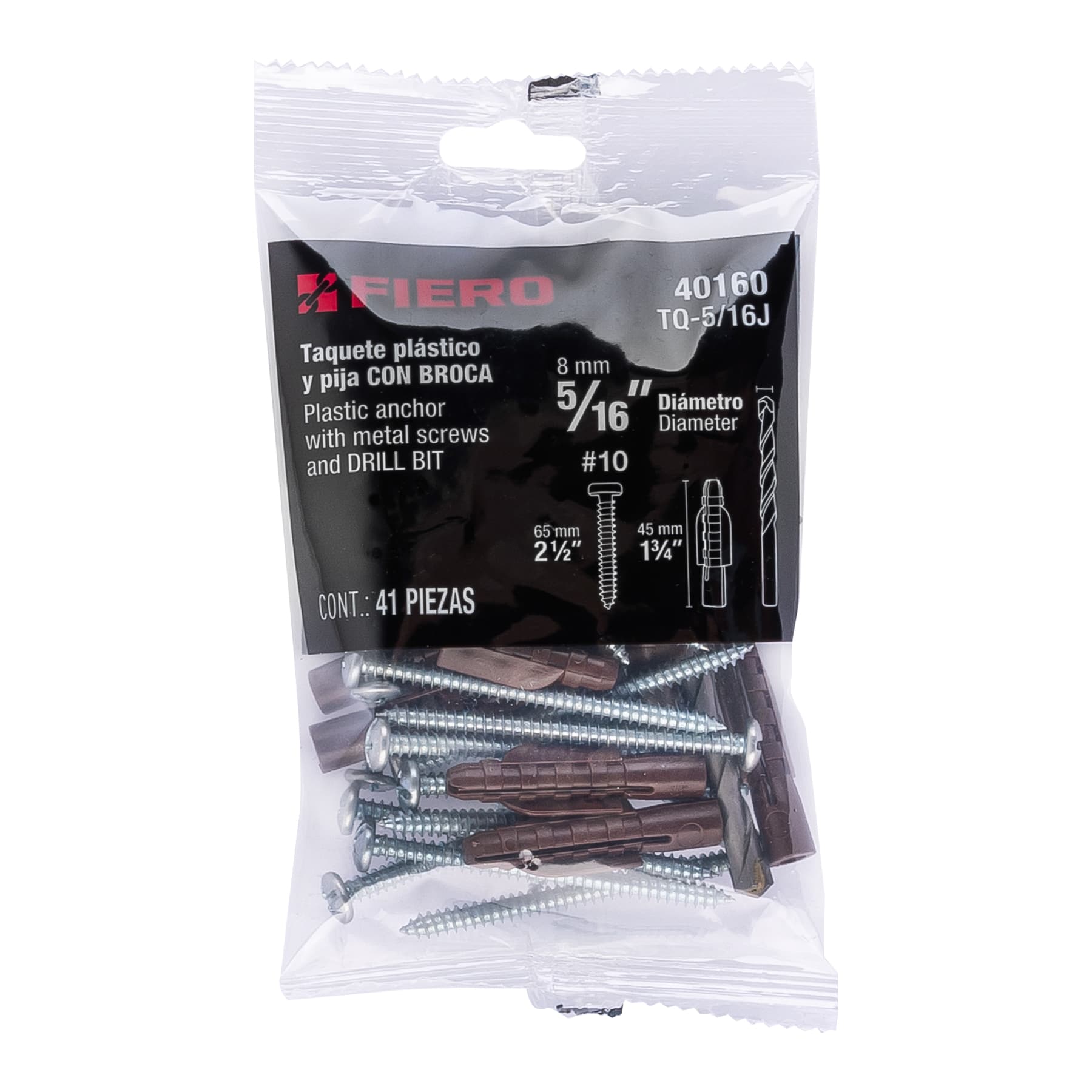 Kit de 20 taquetes 5/16'con pijas #10 y 1 broca 5/16', Fiero TQ-5/16J 40160 MM00