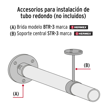 Tubo redondo para clóset,1.2 m, acero cromado, Hermex TR-512 45895 MM0