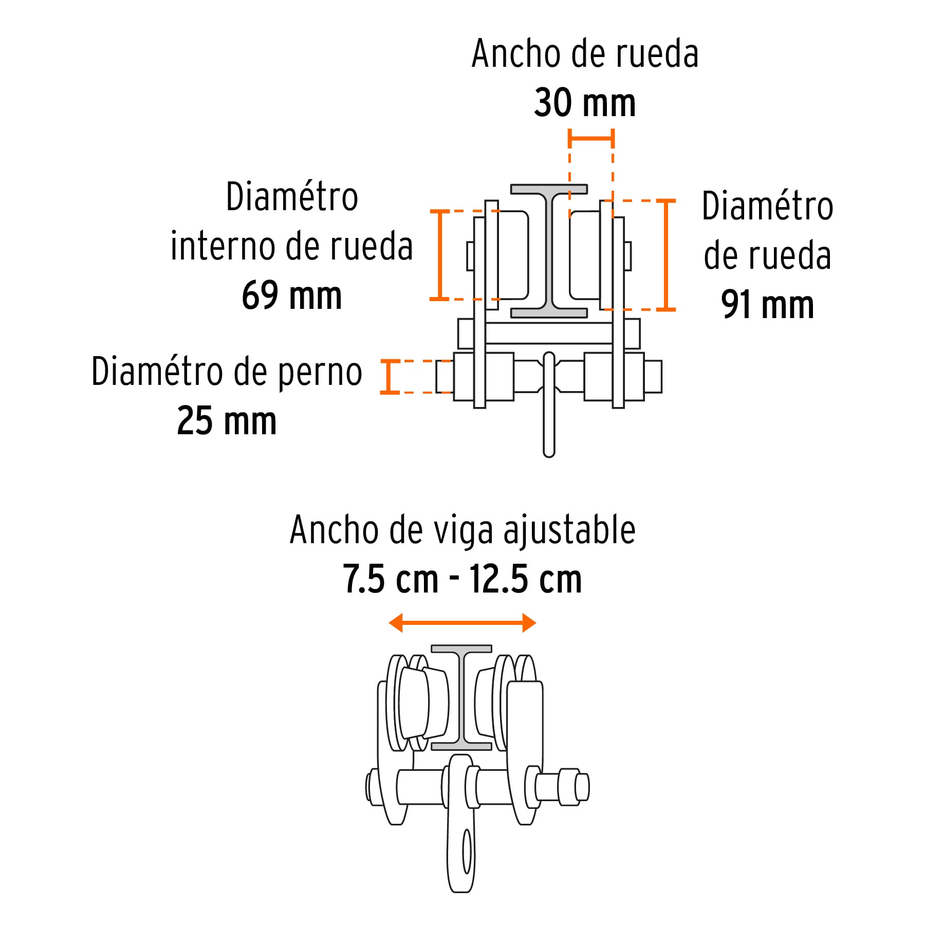 Trole de carga 1 ton para vigas IPS e IPR, ajustable, Truper TRO-1 101076 MM00