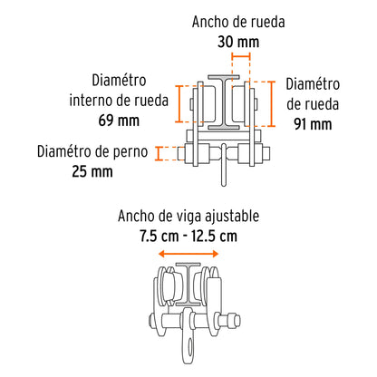 Trole de carga 1 ton para vigas IPS e IPR, ajustable, Truper TRO-1 101076 MM00