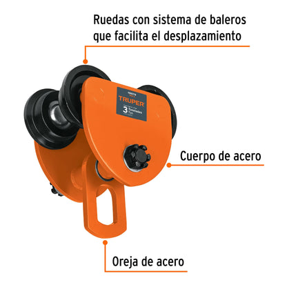 Trole de carga 3 ton para vigas IPS e IPR, ajustable, Truper TRO-3 101078 MM00