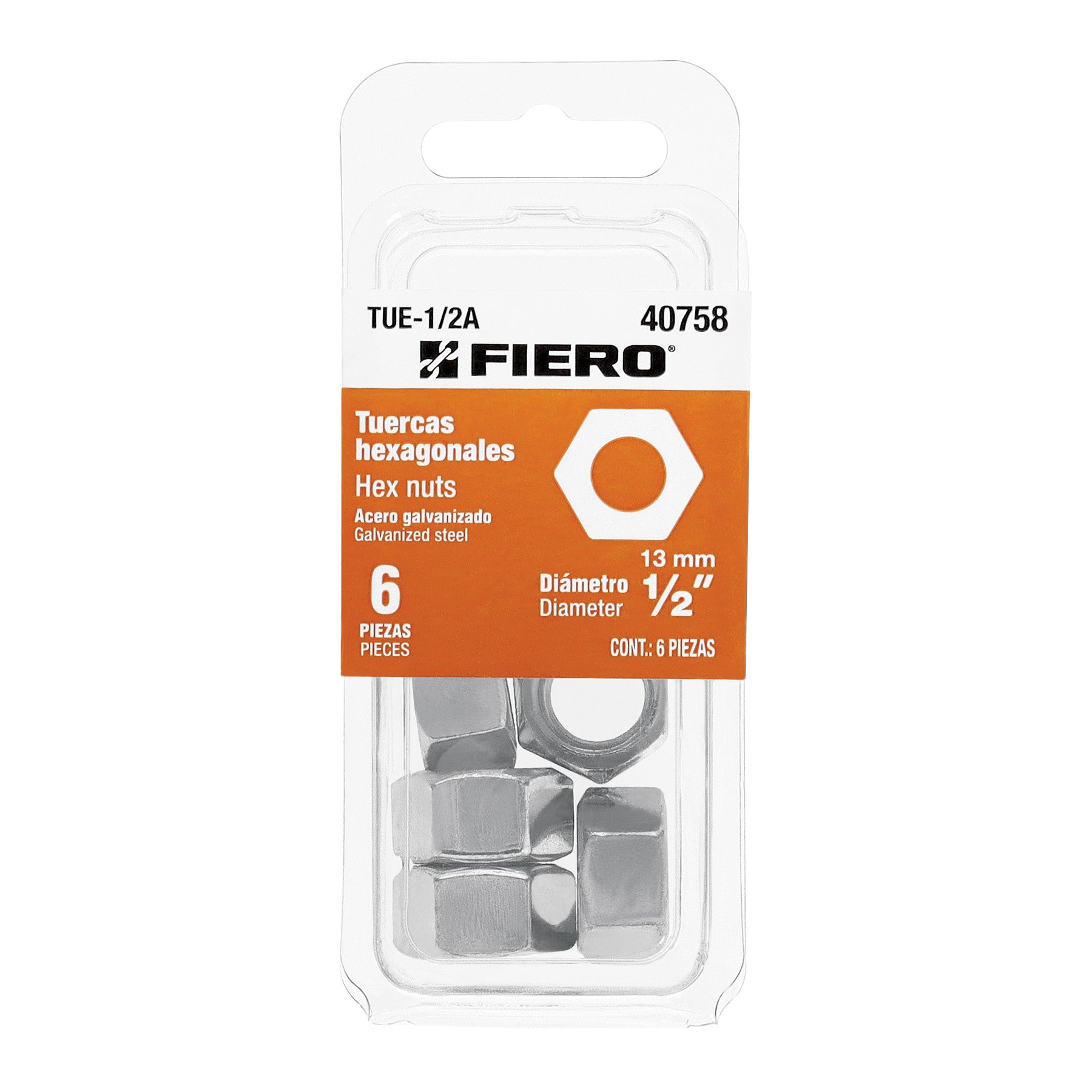 Blíster con 6 tuercas 1/2' hex de acero galvanizado, Fiero TUE-1/2A 40758 MM00