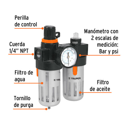 Filtro y regulador de aire con módulo de lubricación, Truper UNI-LL-1/4 19238 MM00